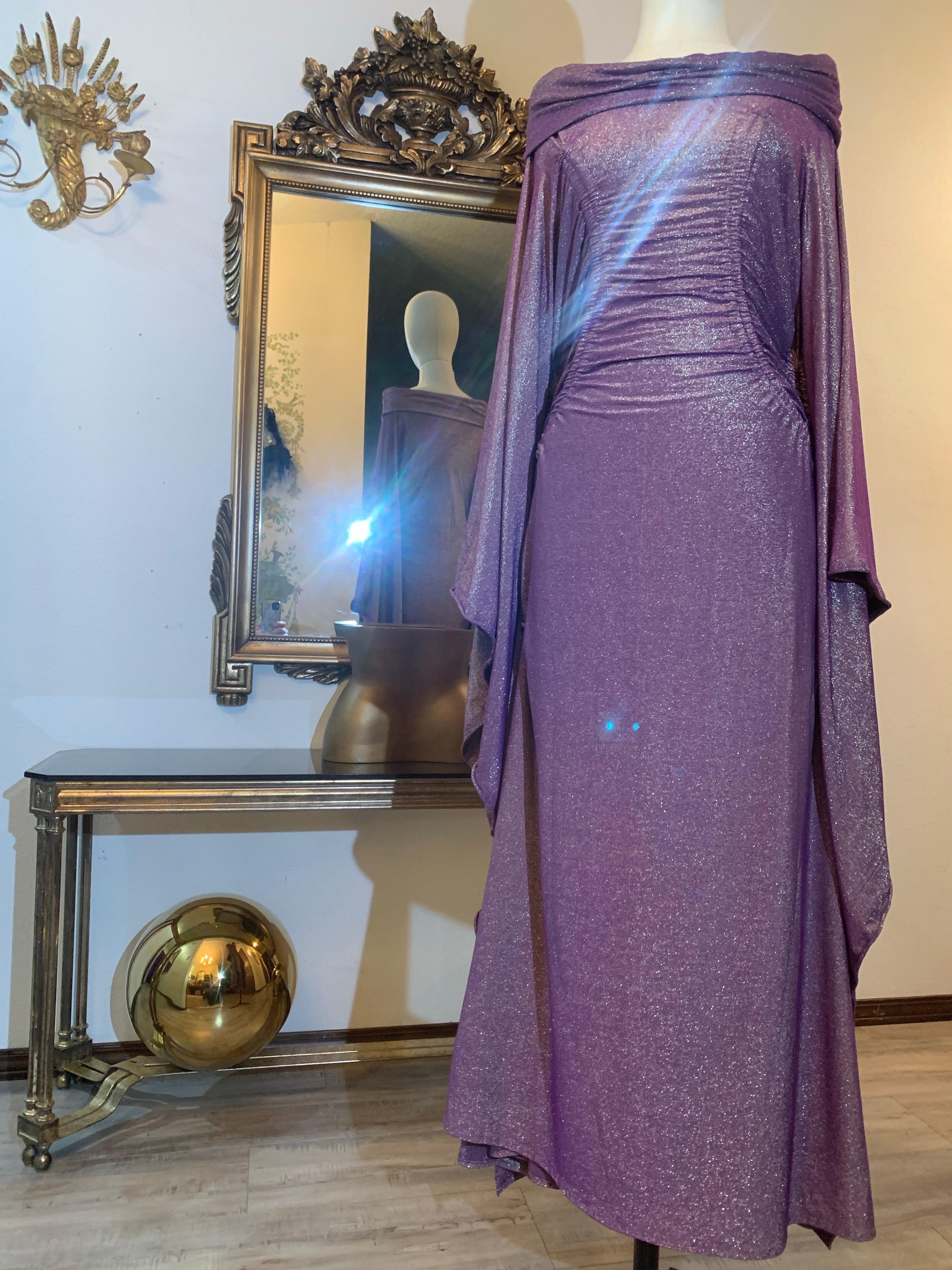 Women's Torso Creations Lilac Lurex Stretch Knit Caftan w Off-Shoulder Neckline For Sale