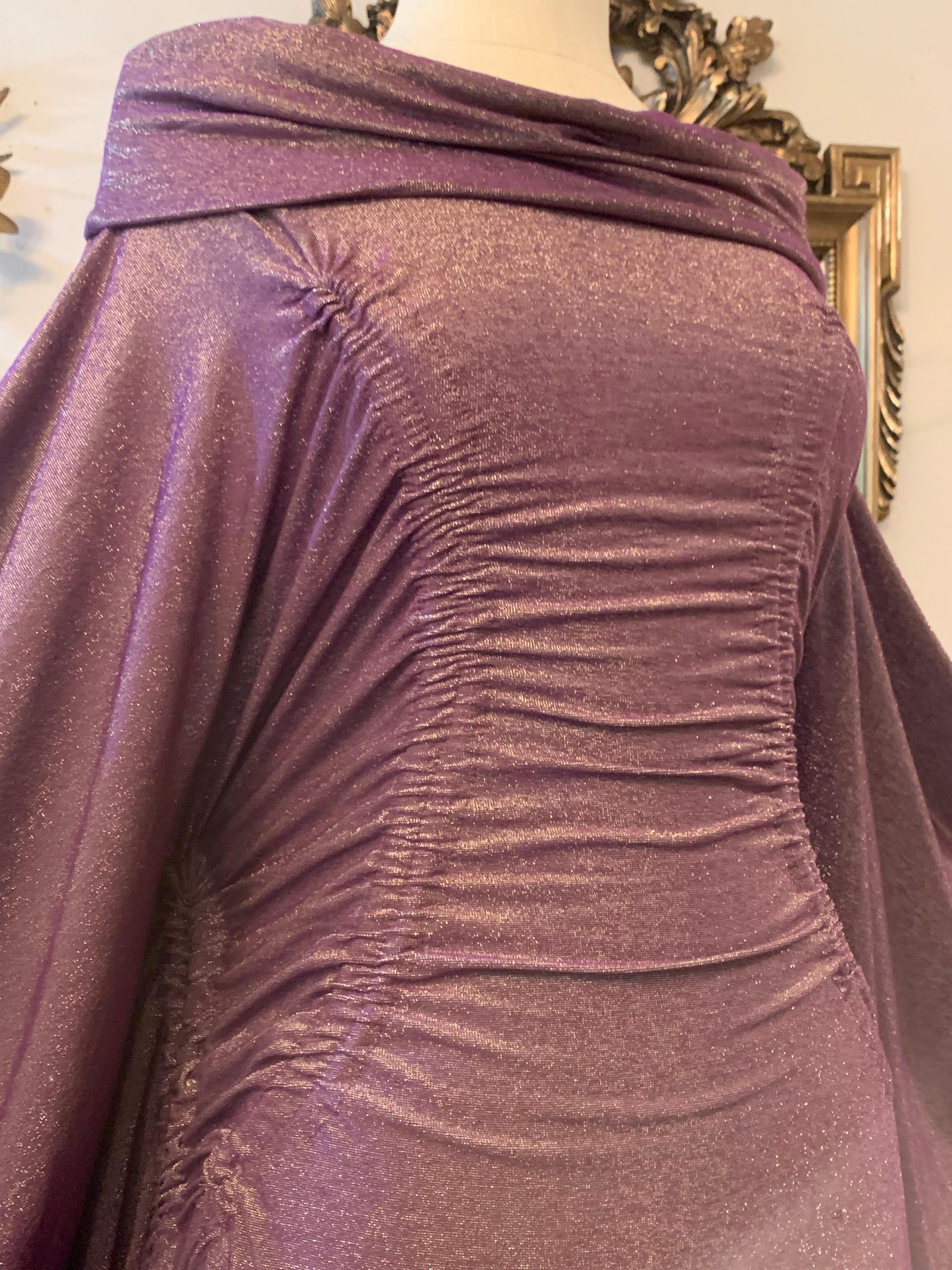 Torso Creations Lilac Lurex Stretch Knit Caftan w Off-Shoulder Neckline For Sale 3