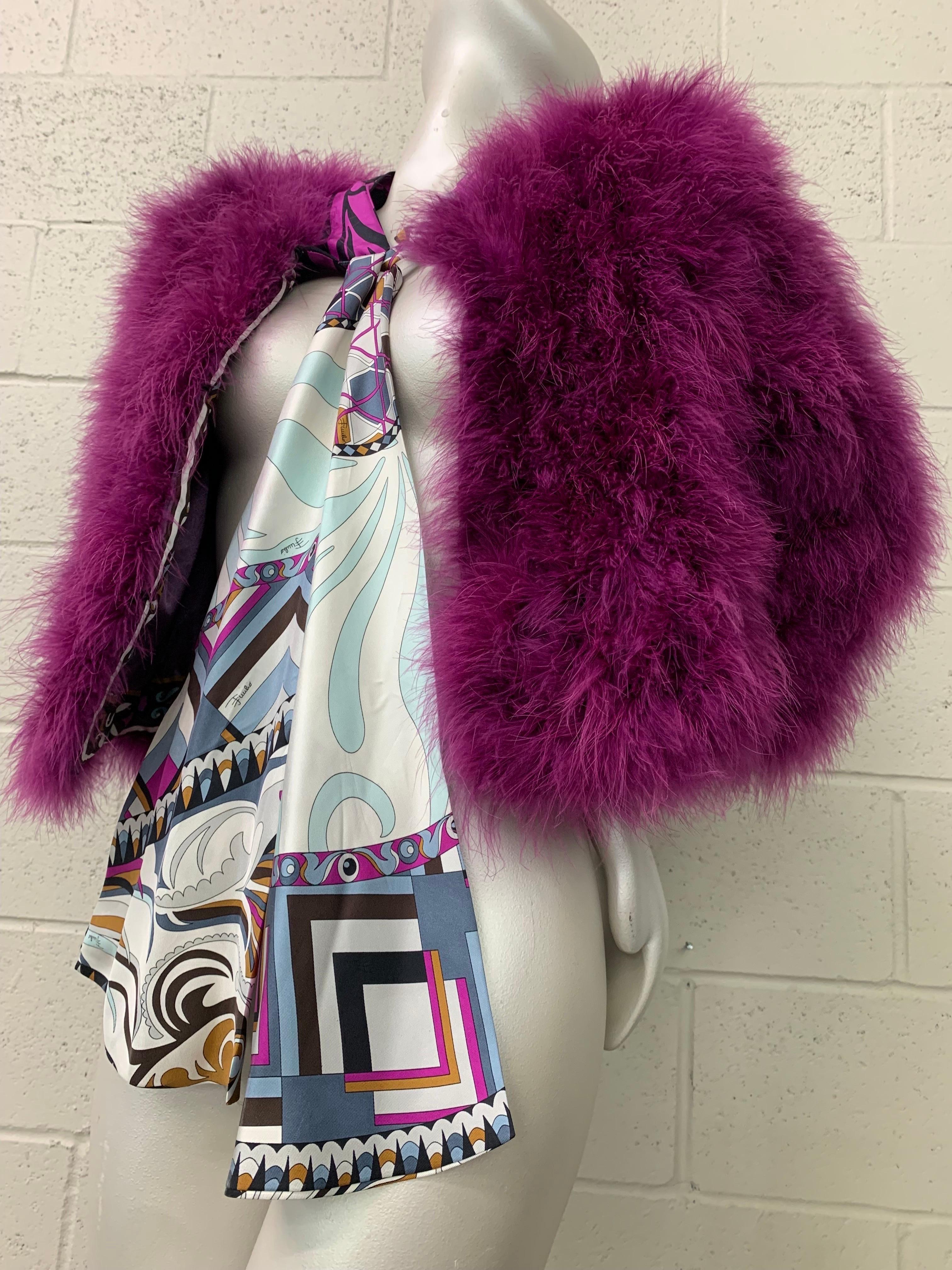 Torso Creations Magenta Marabou Chubby Jacket w Pucci Scarf Tie at Neckline:  A beautiful 1970s marabou bolero cleverly relined and imagined with Pucci fabric lining and lush bow tie closure. US size 4-6. 