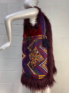 Torso Creations Merlot Mongolian Fur Bohemian Vest w Patchwork & Mirror Applique