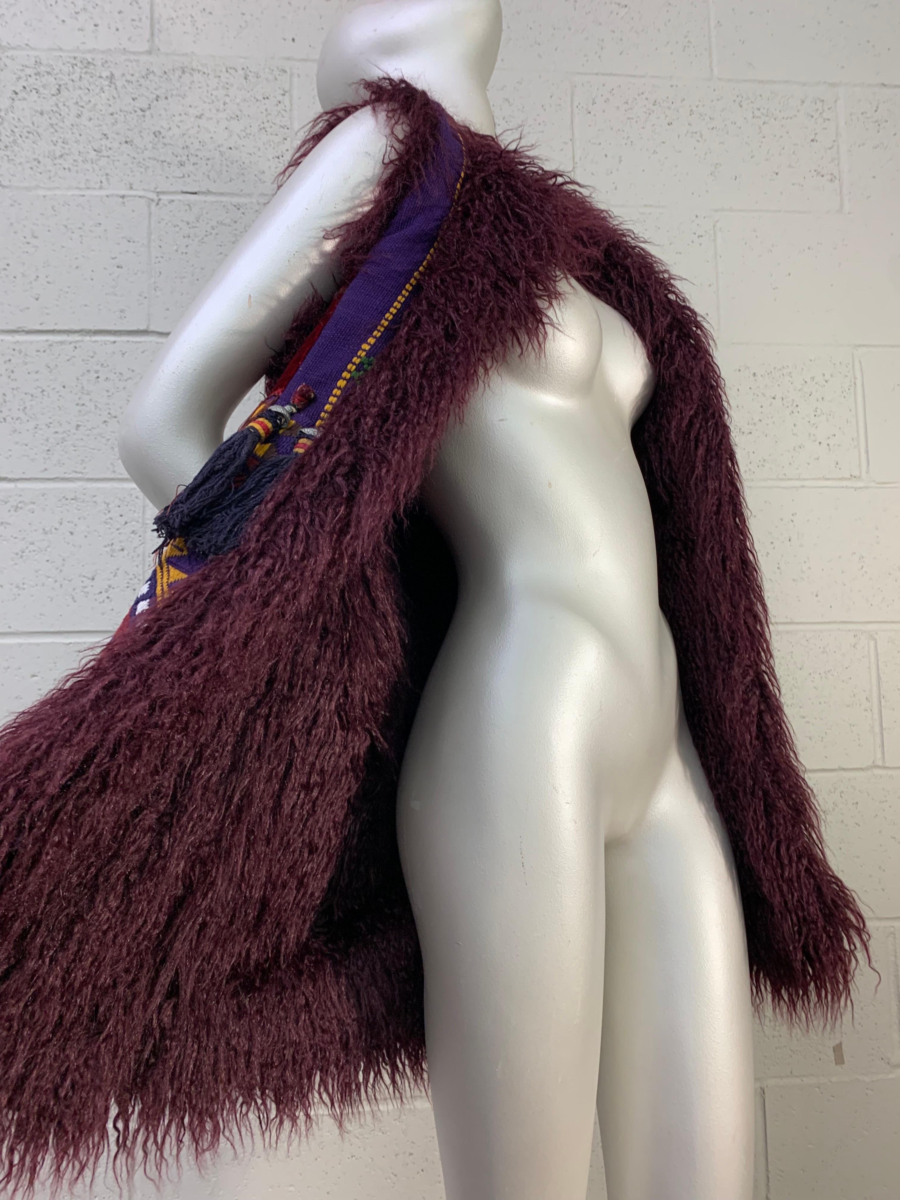 Torso Creations Merlot Mongolian Fur Bohemian Vest w Patchwork & Mirror Applique For Sale 1