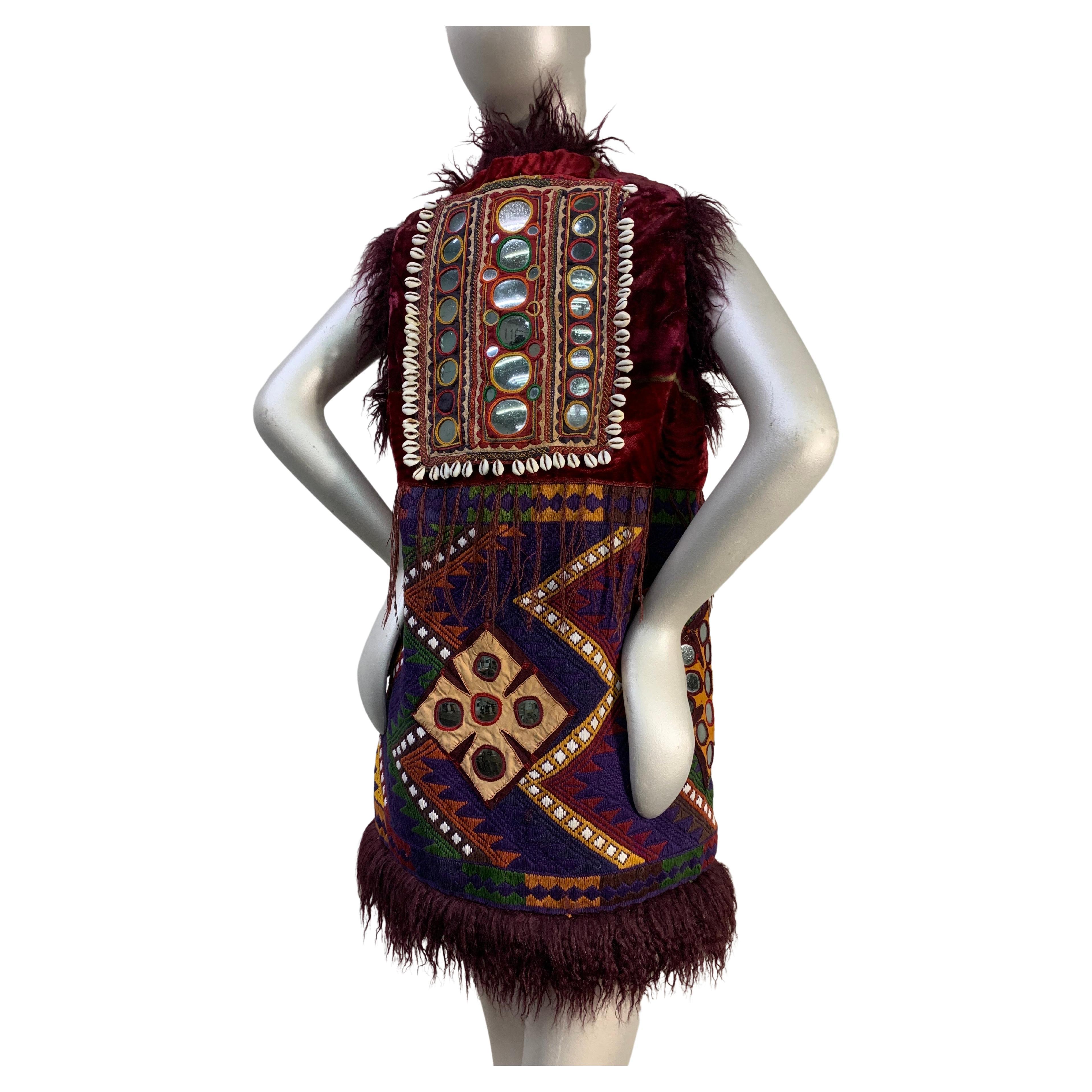 Torso Creations Merlot Mongolian Fur Bohemian Vest w Patchwork & Mirror Applique For Sale