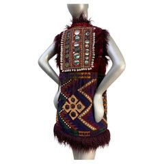 Torso Creations Merlot Mongolian Fur Bohemian Vest w Patchwork & Mirror Applique