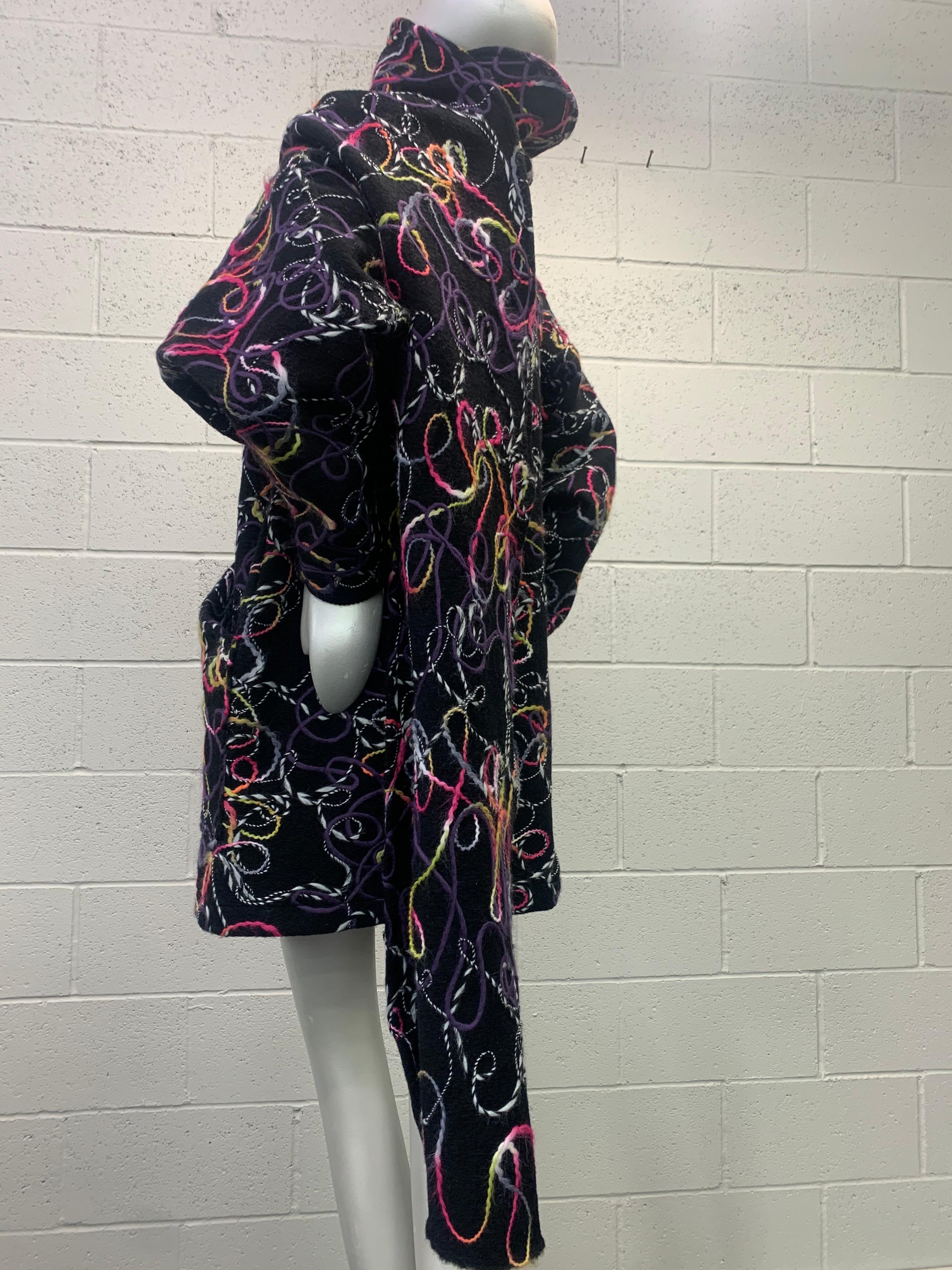 Women's or Men's Torso Creations Mixed Media Felted Black Wool Oversized Coat W/ Large Foulard For Sale