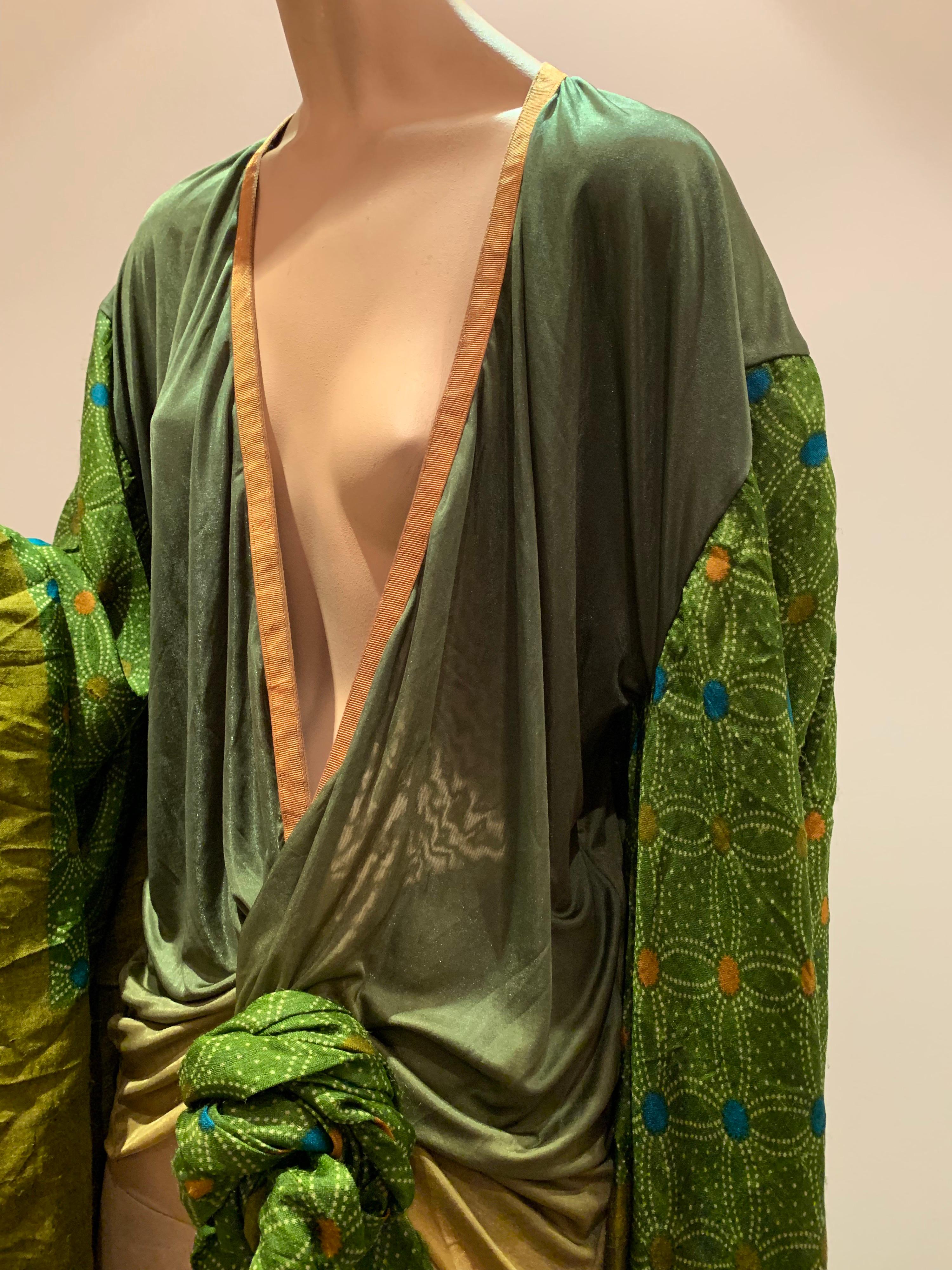 Torso Creations Moss Green Ombré Silk Jersey Mini Robe W/ Voluminous Silk Sleeve 5