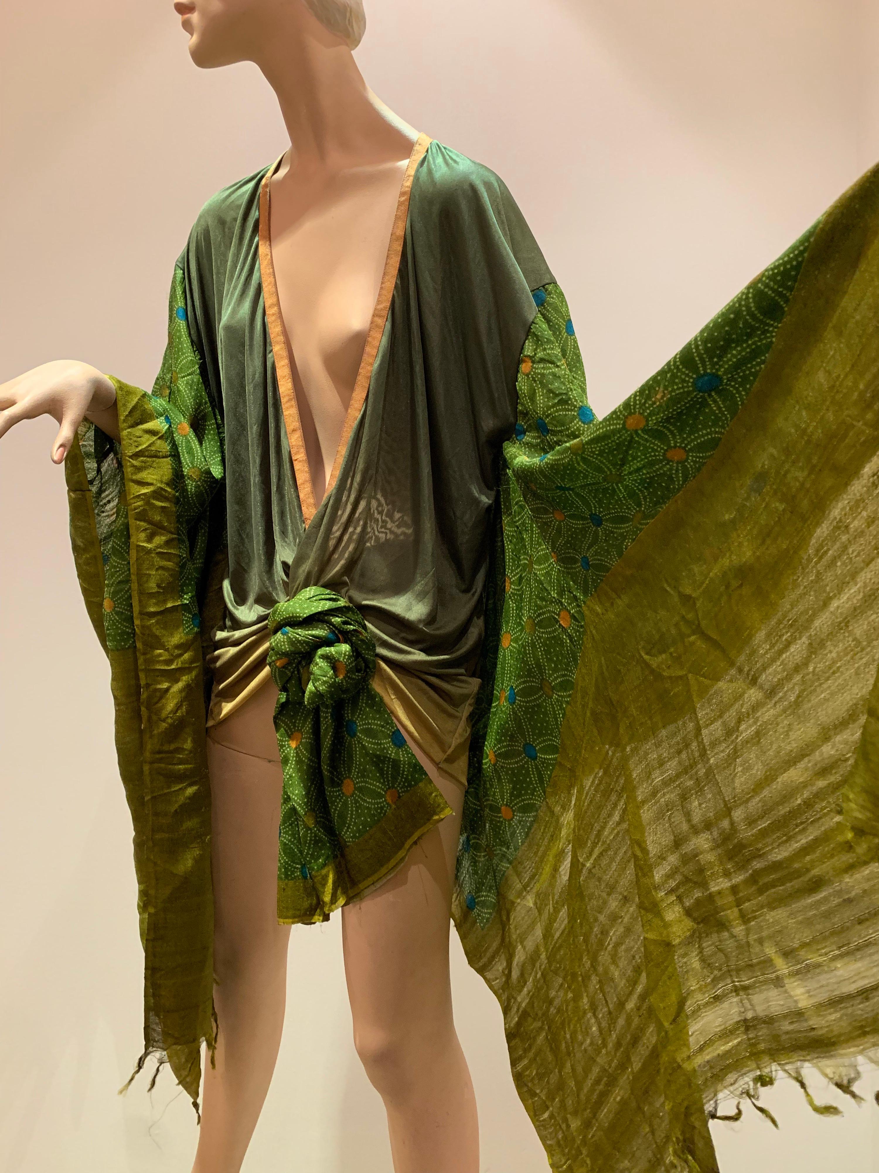 Torso Creations Moss Green Ombré Silk Jersey Mini Robe W/ Voluminous Silk Sleeve 6
