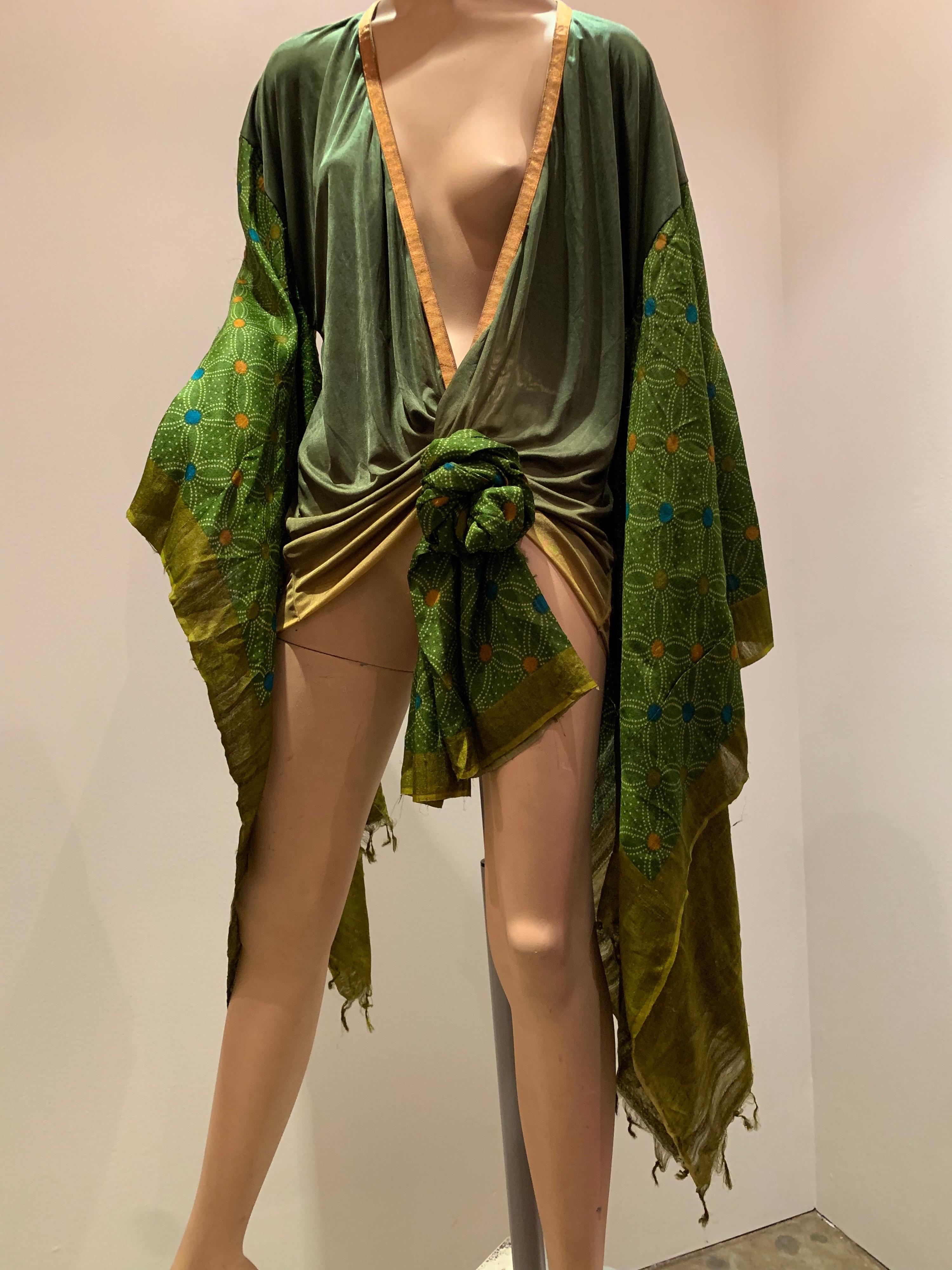 Torso Creations Moss Green Ombré Silk Jersey Mini Robe W/ Voluminous Silk Sleeve 7