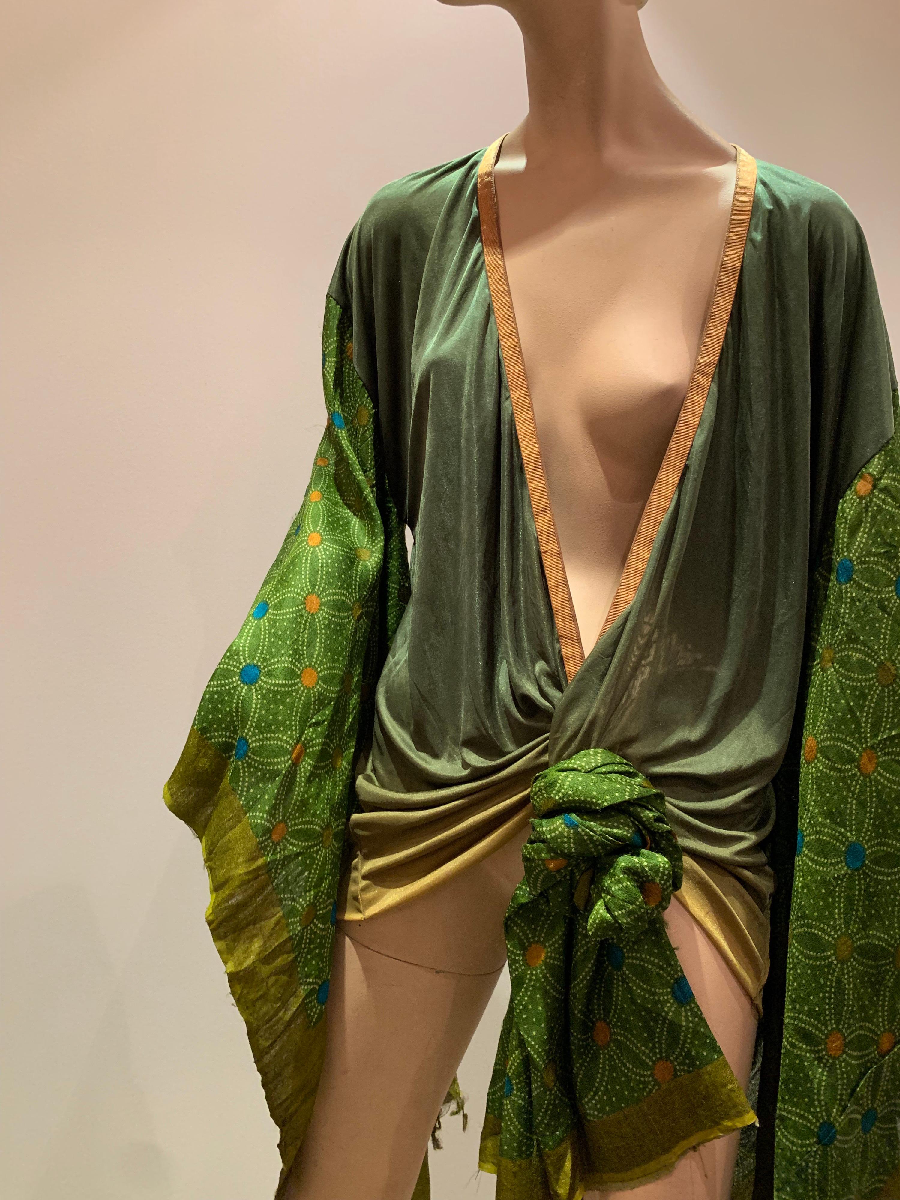 Torso Creations Moss Green Ombré Silk Jersey Mini Robe W/ Voluminous Silk Sleeve 8