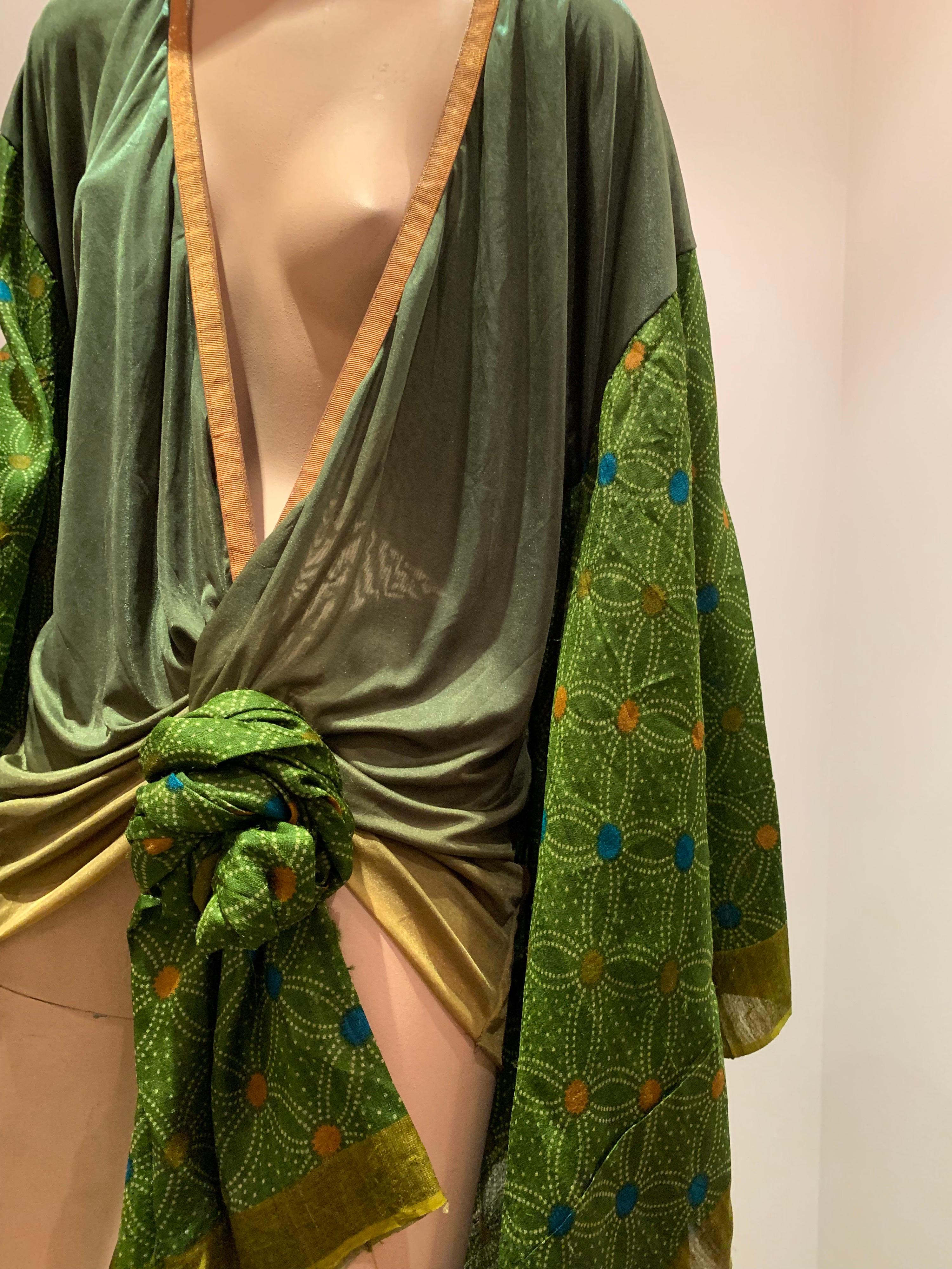 Torso Creations Moss Green Ombré Silk Jersey Mini Robe W/ Voluminous Silk Sleeve 9