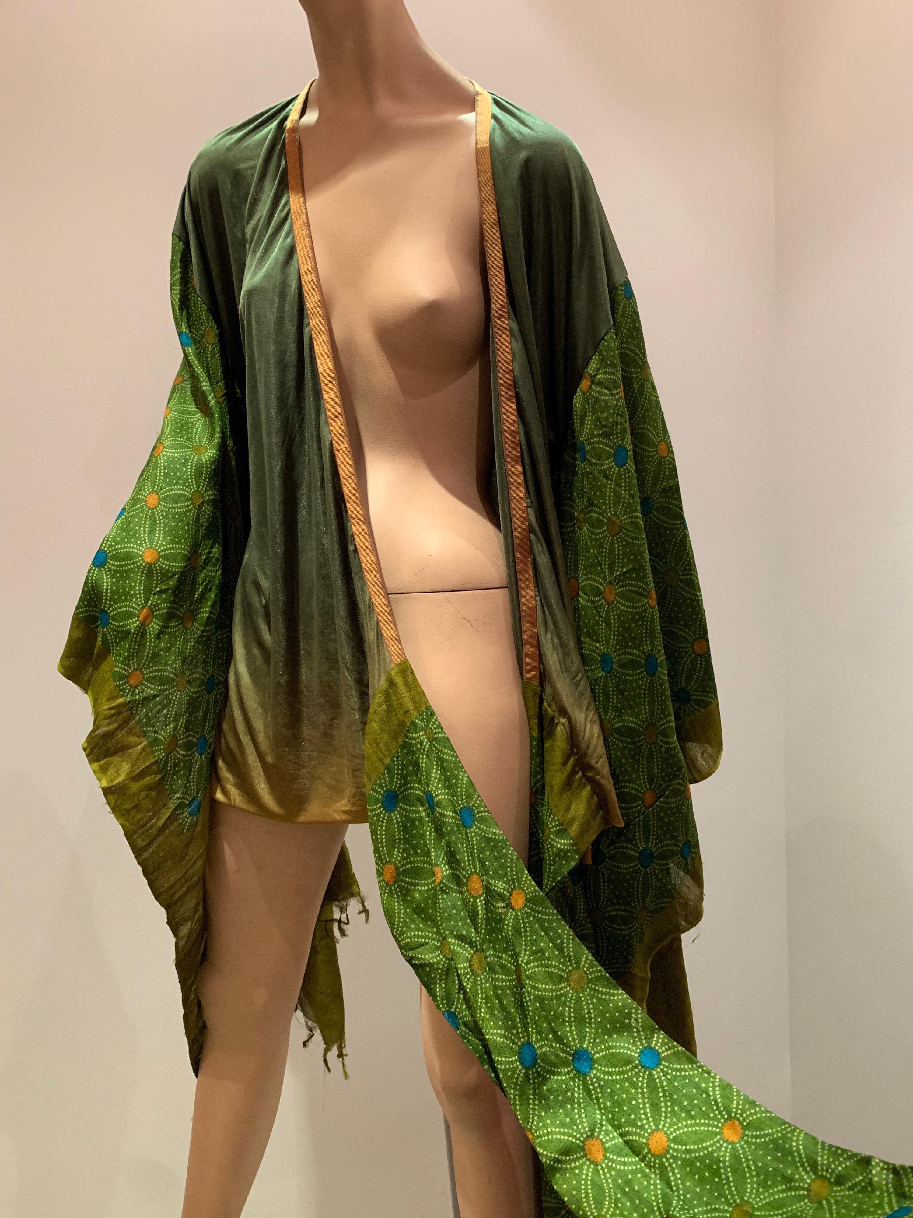 Torso Creations Moss Green Ombré Silk Jersey Mini Robe W/ Voluminous Silk Sleeve 13