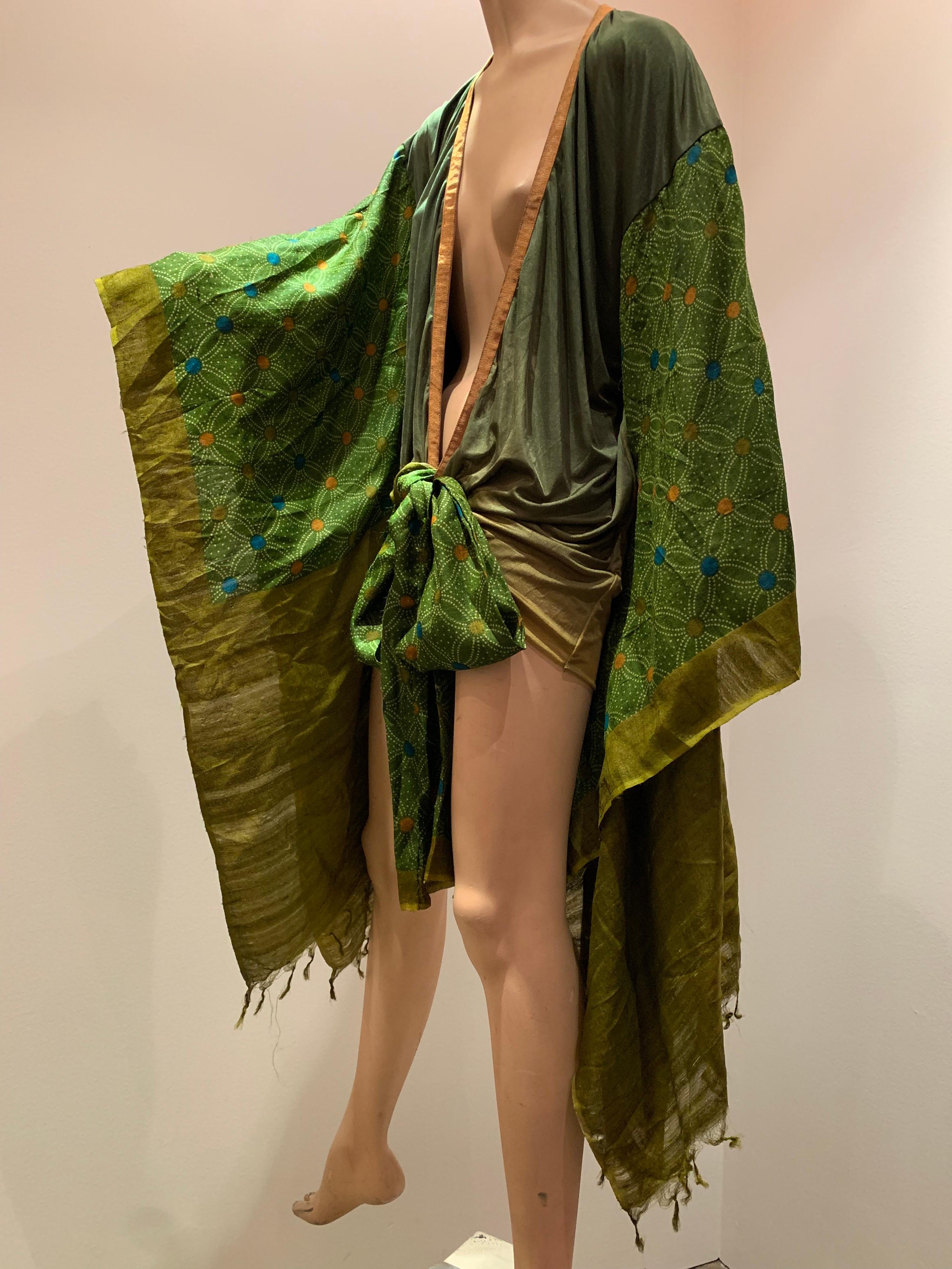 Torso Creations Custom Made Moss Green Ombré Silk Jersey Mini Robe W/ Voluminous Silk Sleeves. Sleeves are fashioned of embroidered sari fabrics. Front has two long sashes that can wrap or tie in a center front bow.