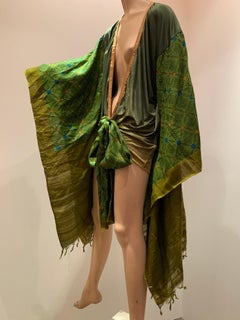Torso Creations Moss Green Ombré Silk Jersey Mini Robe W/ Voluminous Silk Sleeve