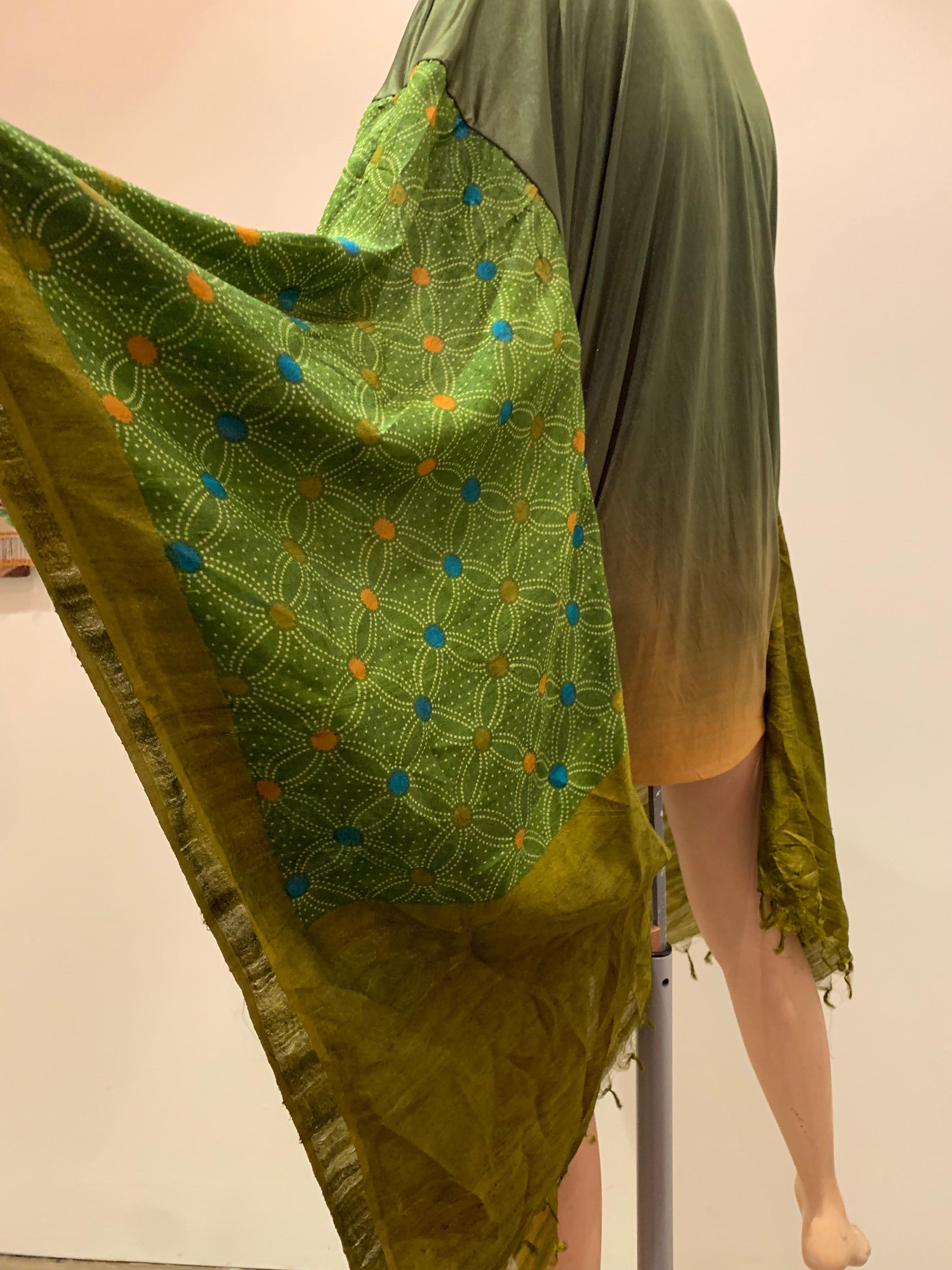 Black Torso Creations Moss Green Ombré Silk Jersey Mini Robe W/ Voluminous Silk Sleeve