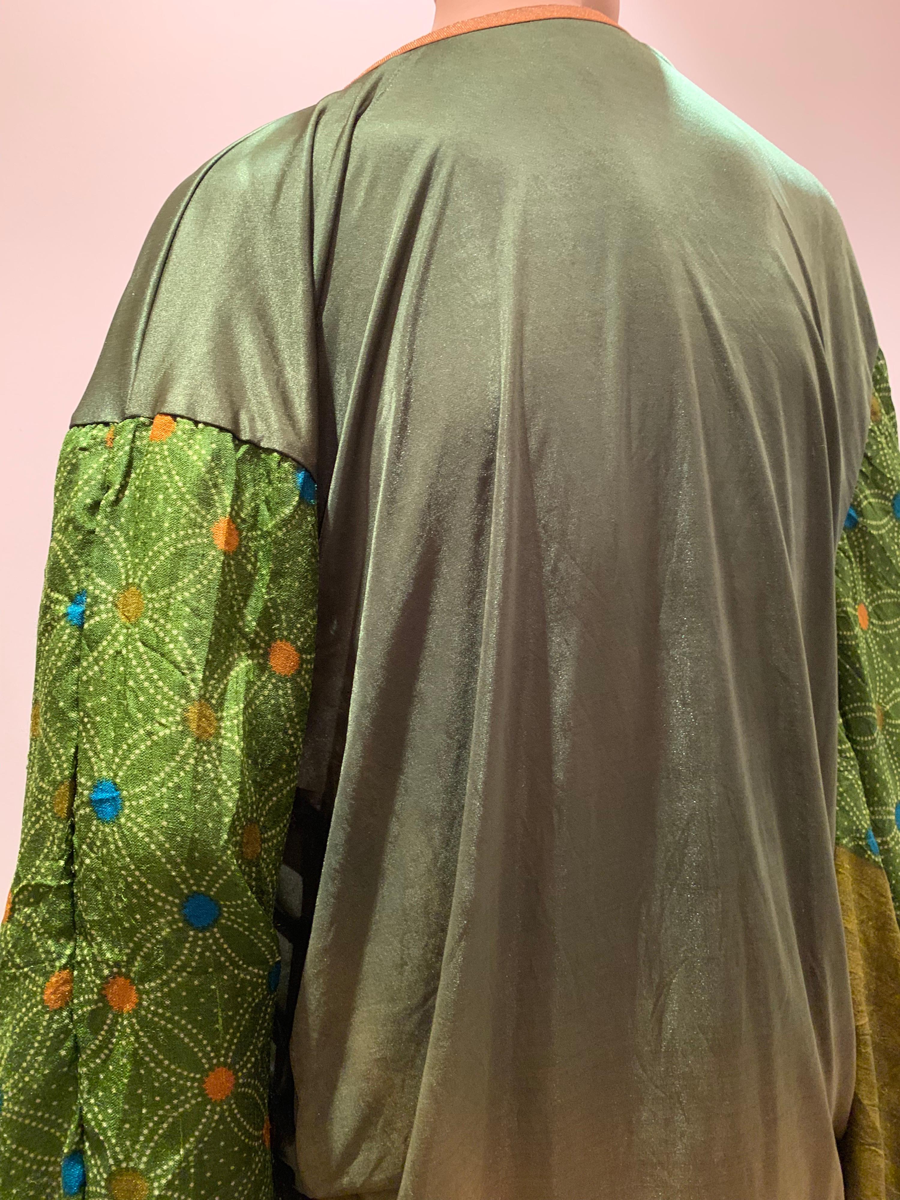Torso Creations Moss Green Ombré Silk Jersey Mini Robe W/ Voluminous Silk Sleeve 1