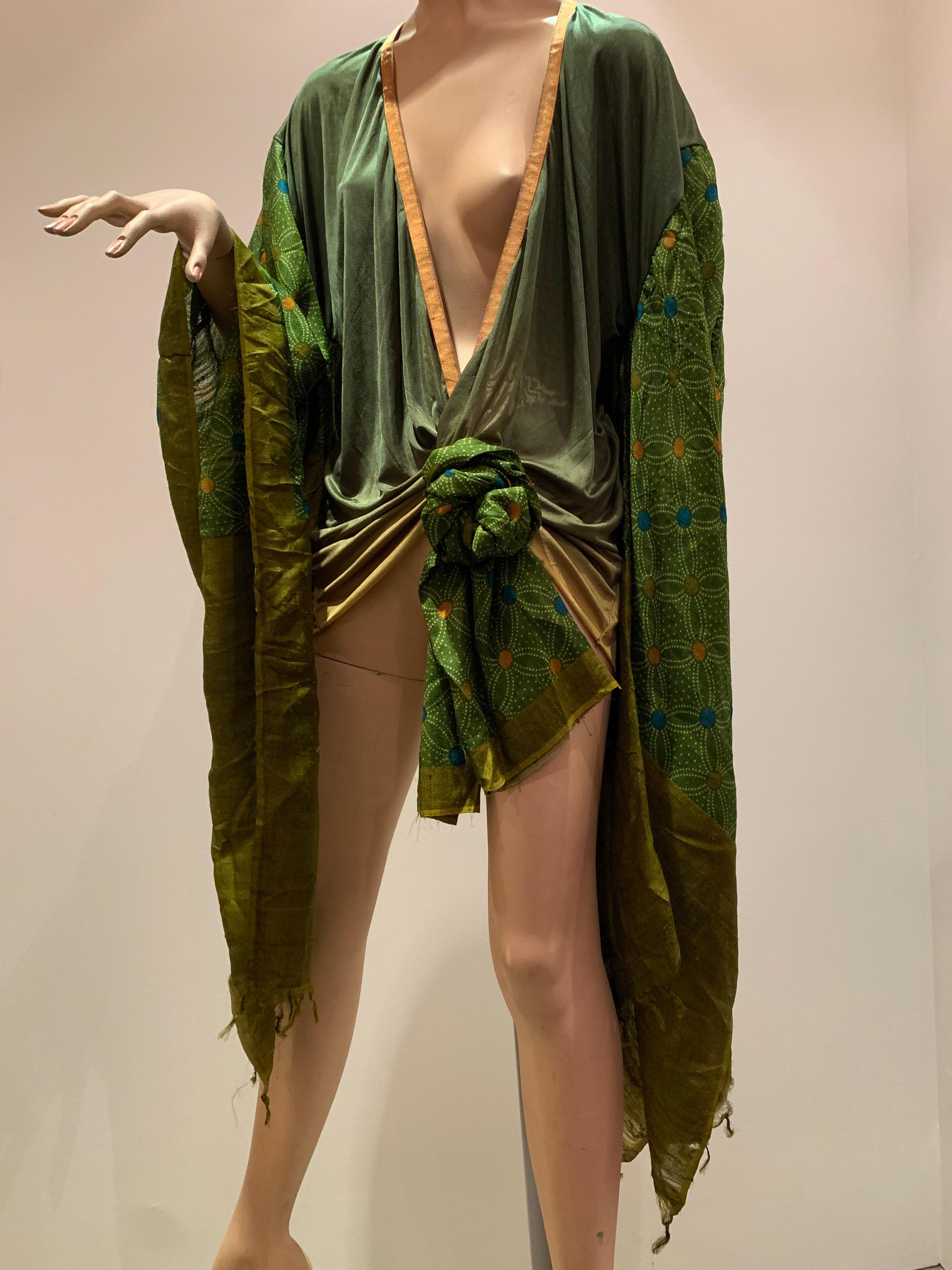 Torso Creations Moss Green Ombré Silk Jersey Mini Robe W/ Voluminous Silk Sleeve 2