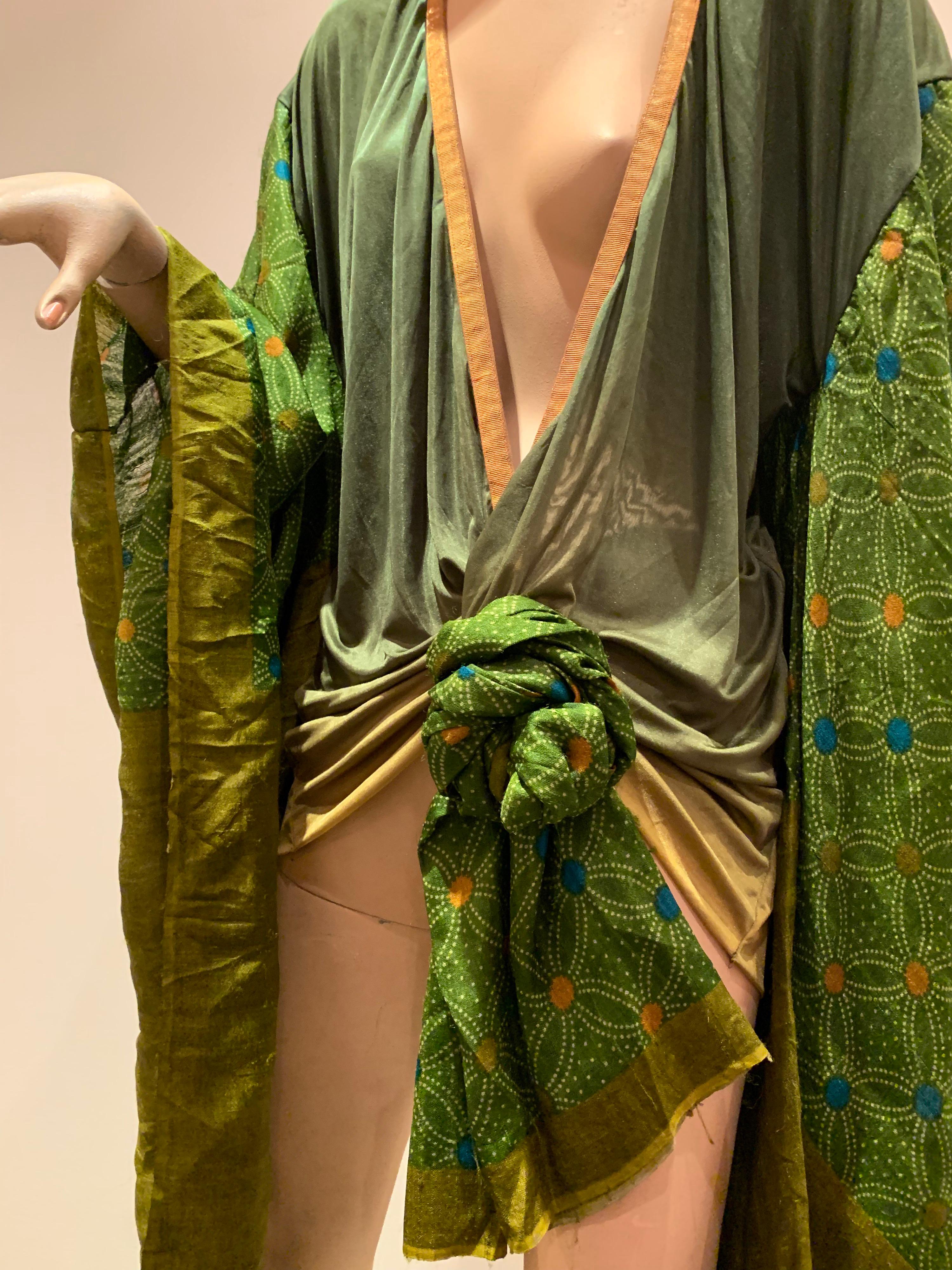 Torso Creations Moss Green Ombré Silk Jersey Mini Robe W/ Voluminous Silk Sleeve 3