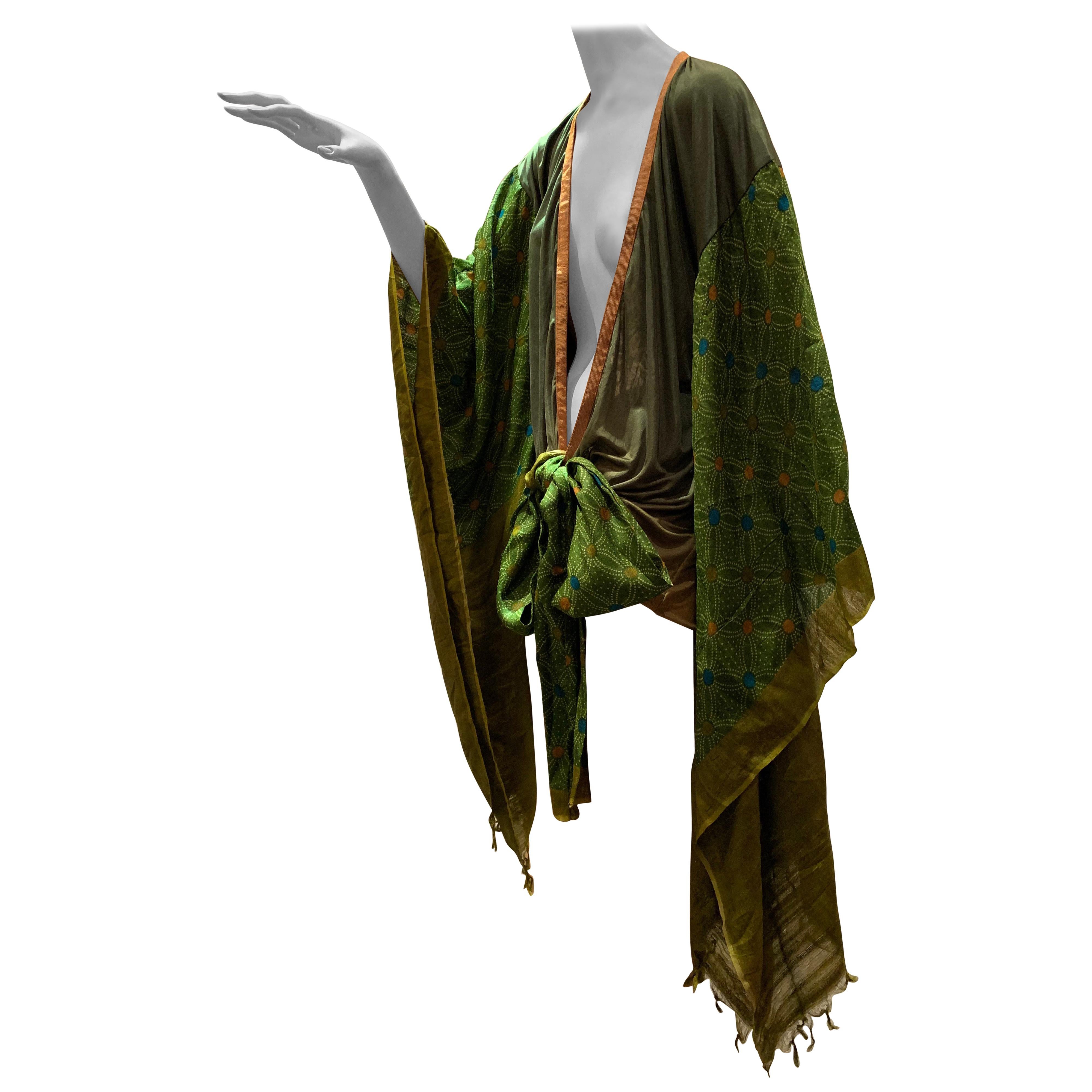 Torso Creations Moss Green Ombré Silk Jersey Mini Robe W/ Voluminous Silk Sleeve