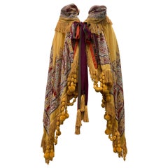 Torso Creations Mustard Paisley Print Wool Fringed Drawstring Shawl Collar Cape