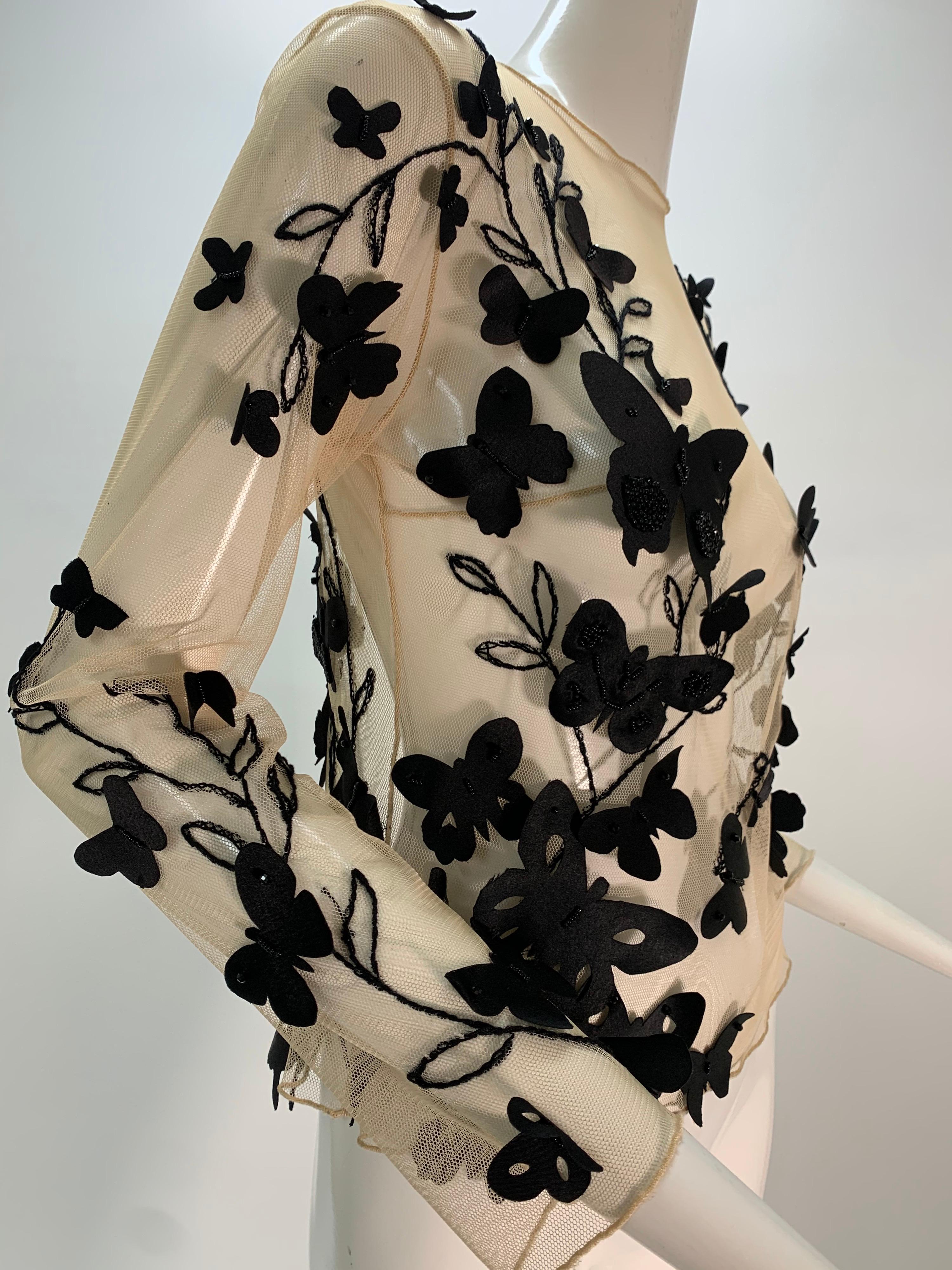 Brown Torso Creations Nude Tulle & Black Embroidered Butterfly Applique Blouse For Sale