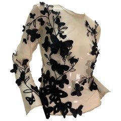 Torso Creations Nude Tulle & Black Embroidered Butterfly Applique Blouse 