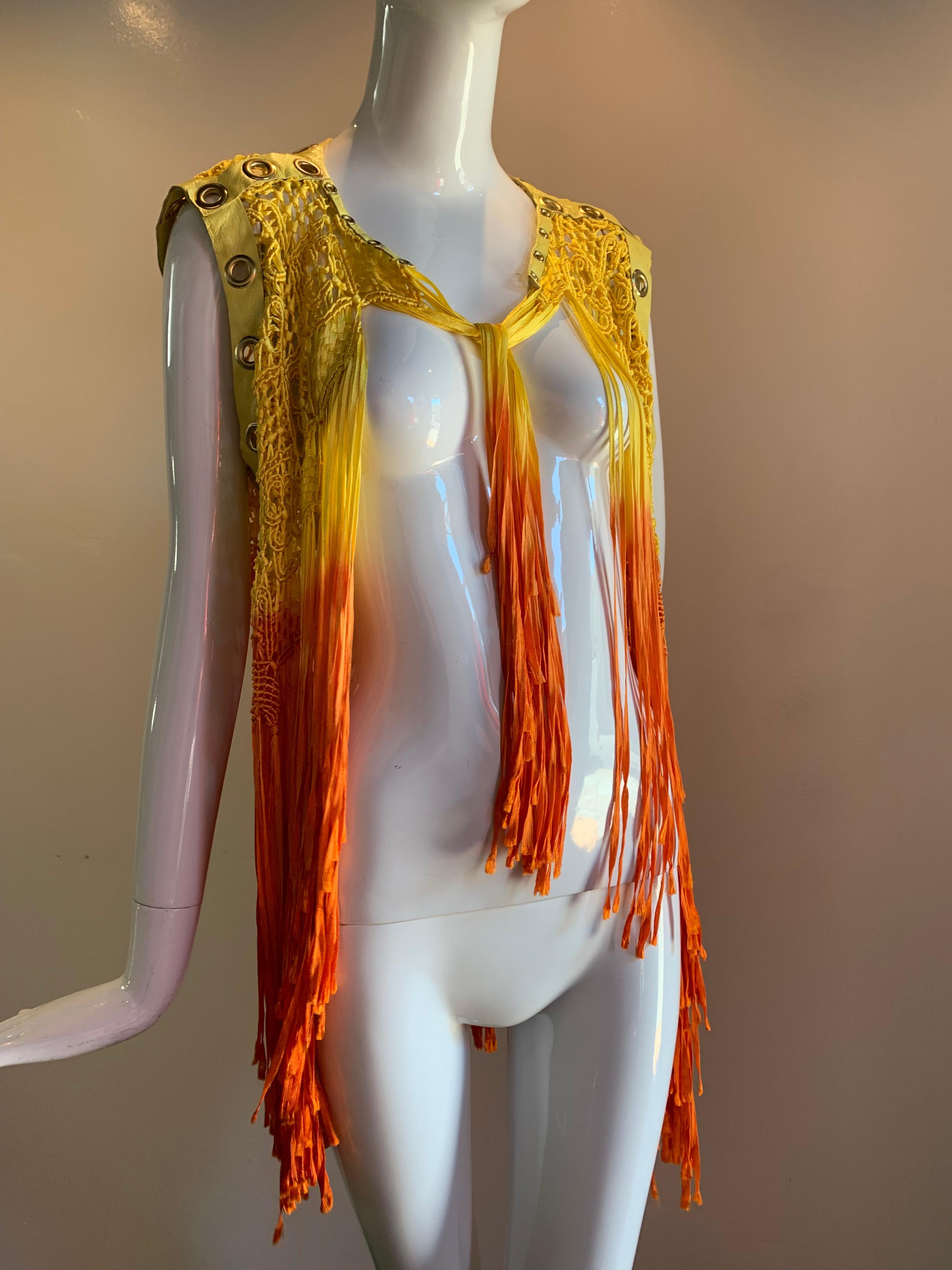 Torso Creations Ombre-Dyed Canary Macrame Vest W/ Leather And Eyelet Trim  For Sale 4