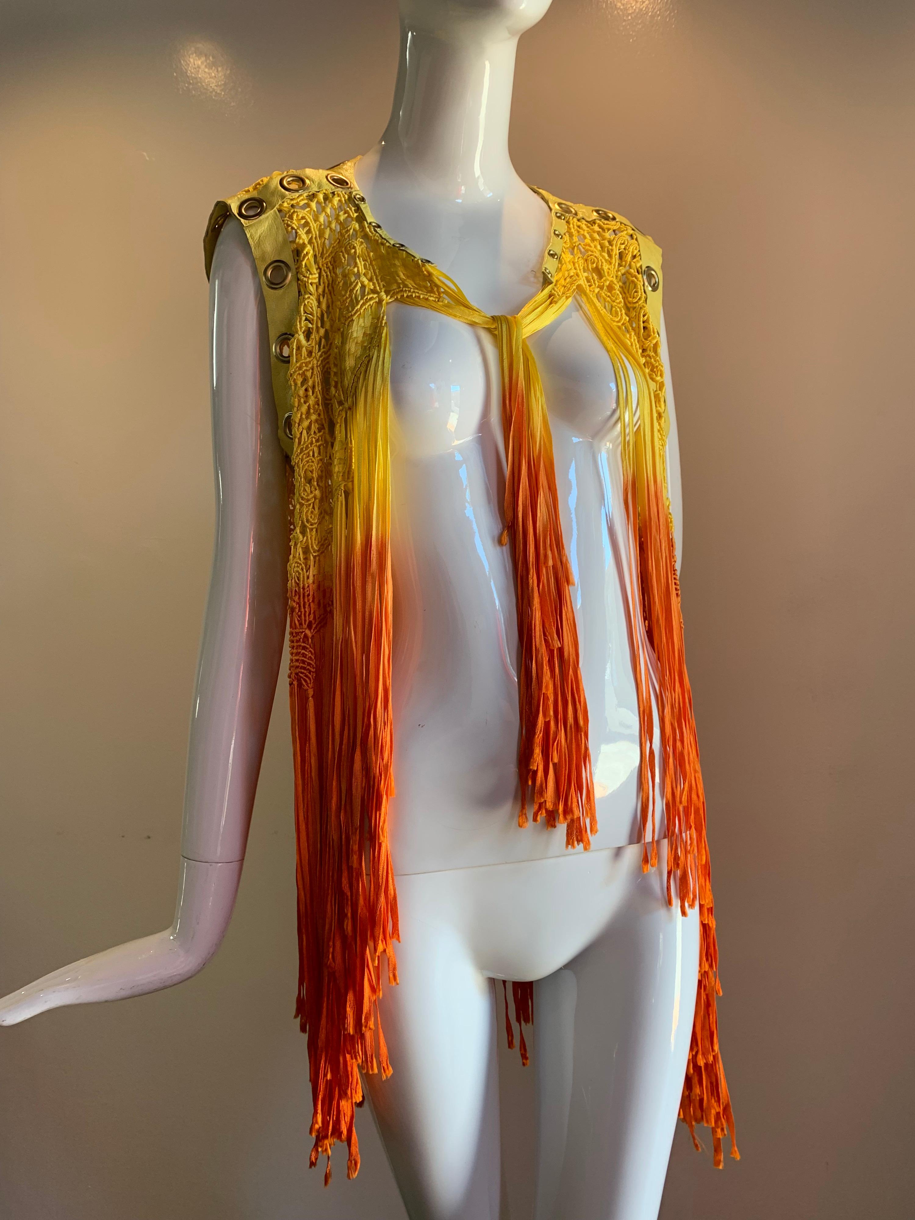 Torso Creations Ombre-Dyed Canary Macrame Vest W/ Leather And Eyelet Trim  For Sale 5
