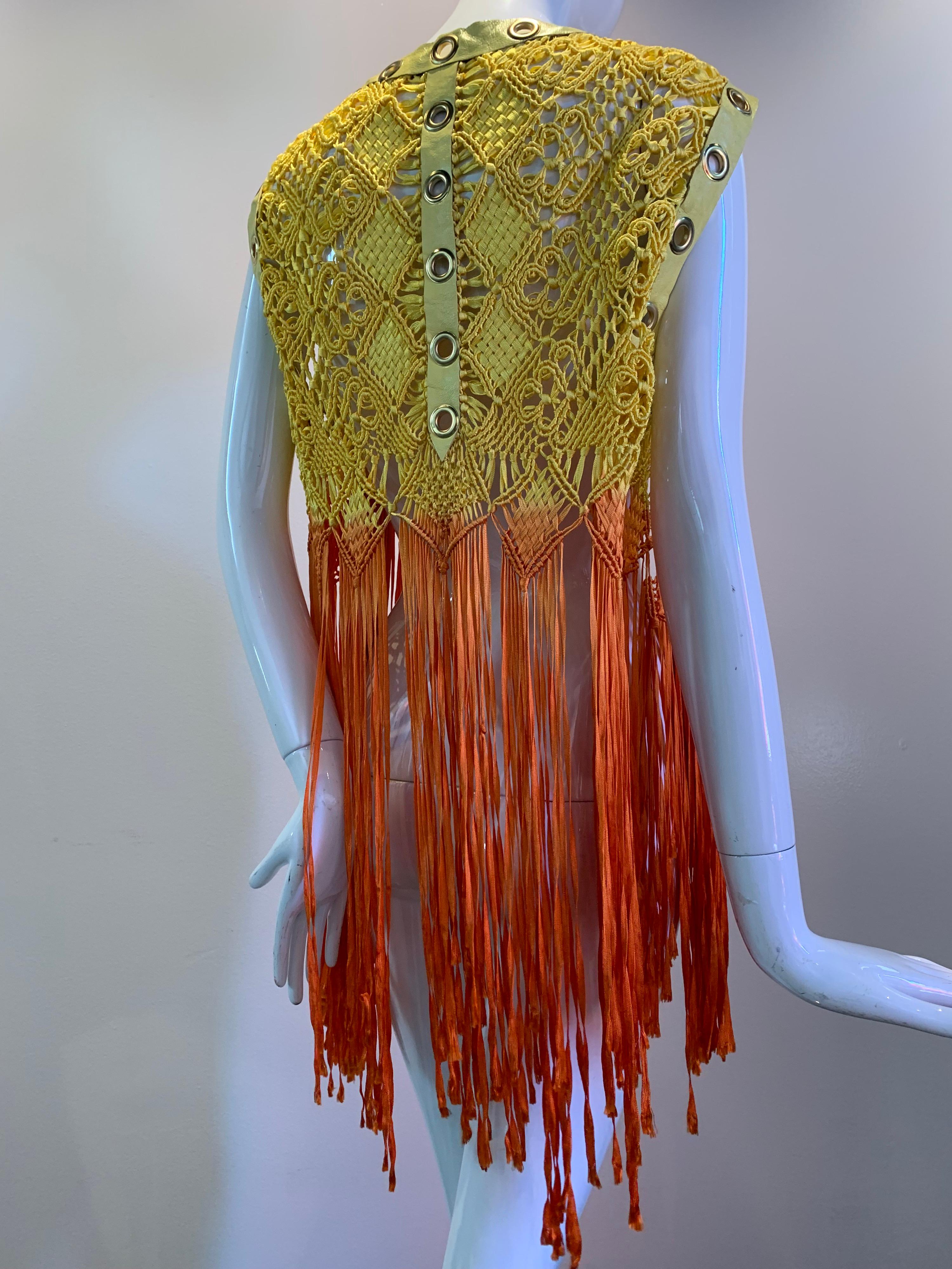 Torso Creations Ombre-Dyed Canary Macrame Vest W/ Leather And Eyelet Trim  In Excellent Condition For Sale In Gresham, OR