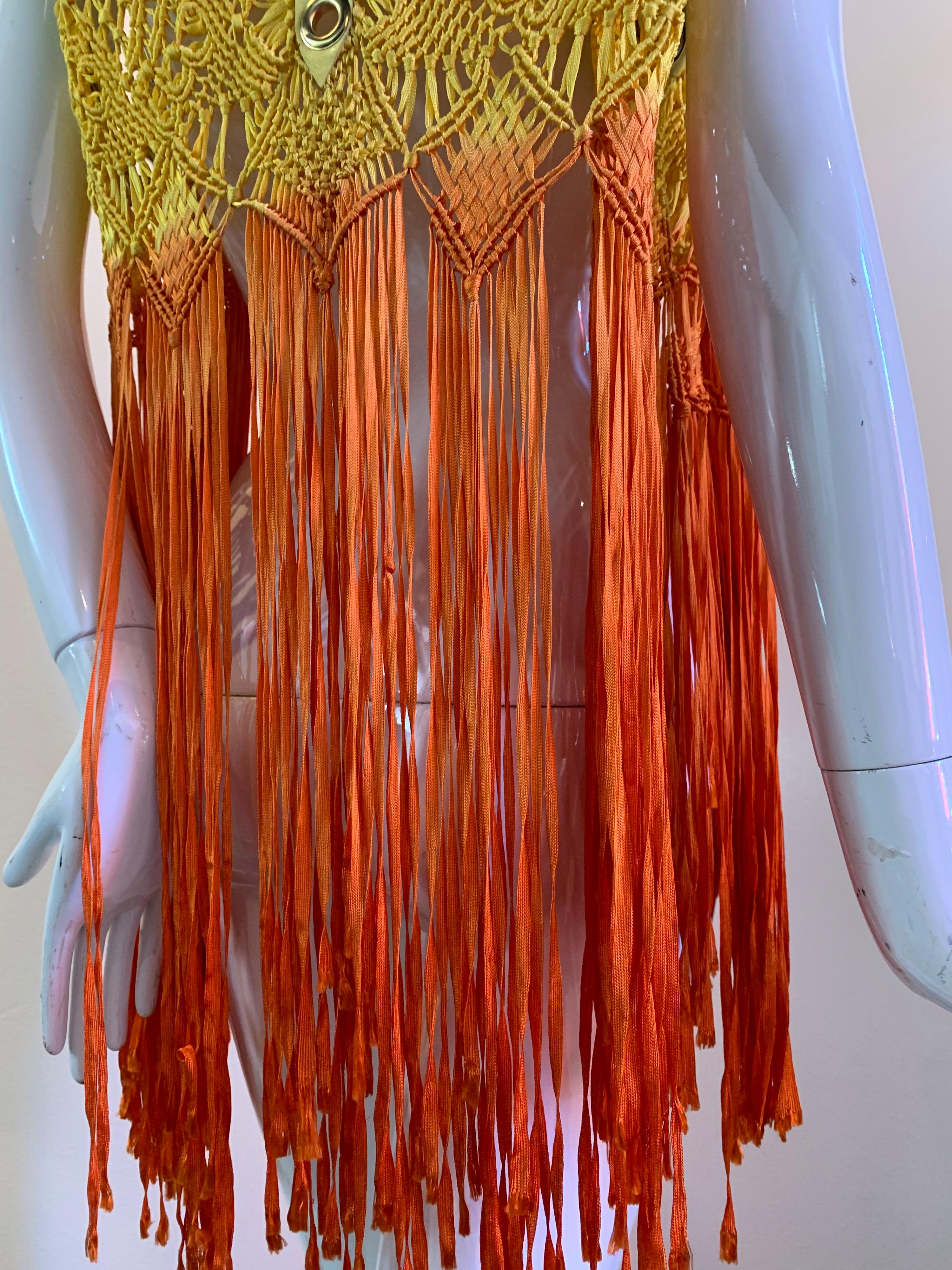 Women's or Men's Torso Creations Ombre-Dyed Canary Macrame Vest W/ Leather And Eyelet Trim  For Sale