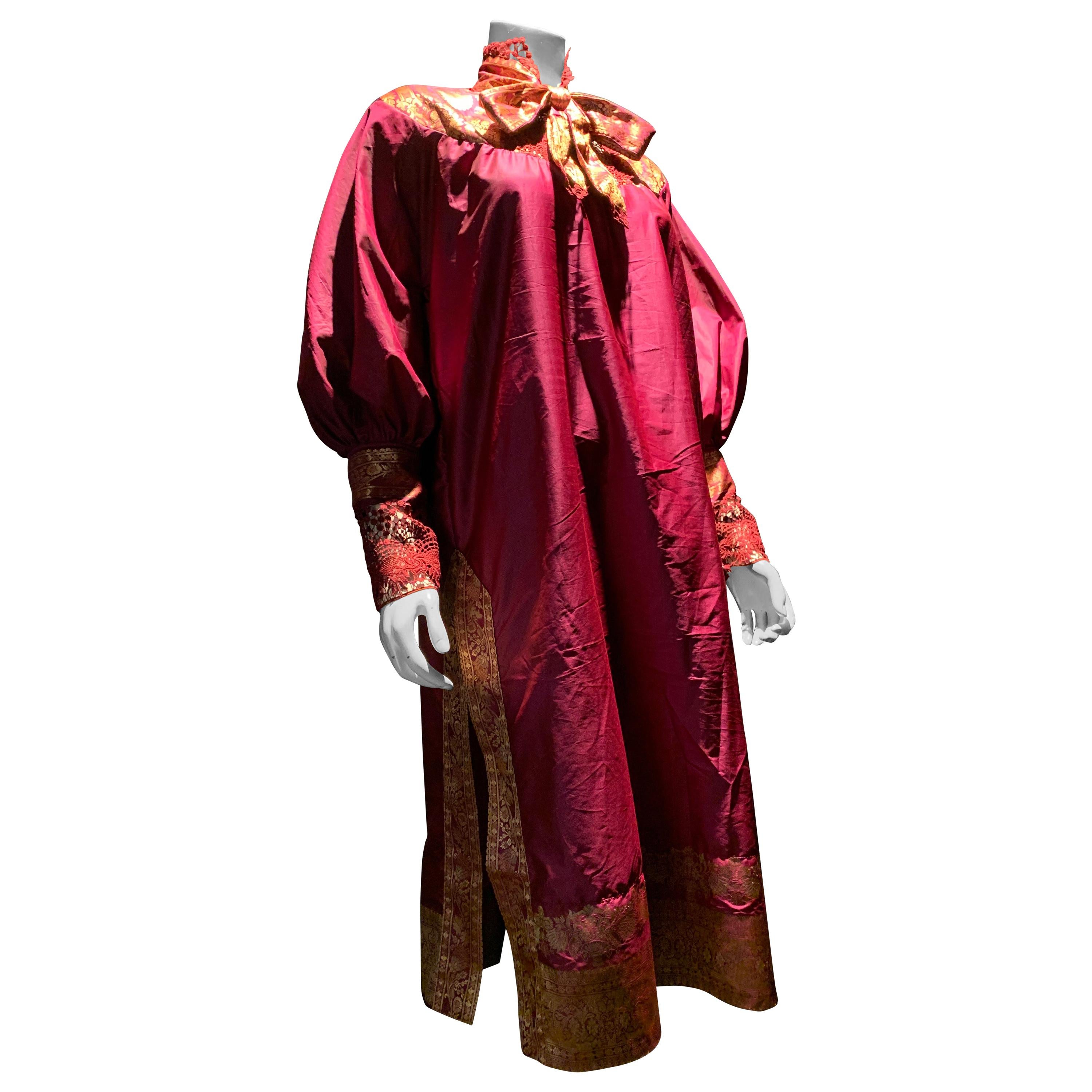 Torso Creations Peasant-Style Tunic Dress Styled From Burgundy & Gold Silk Sari  For Sale