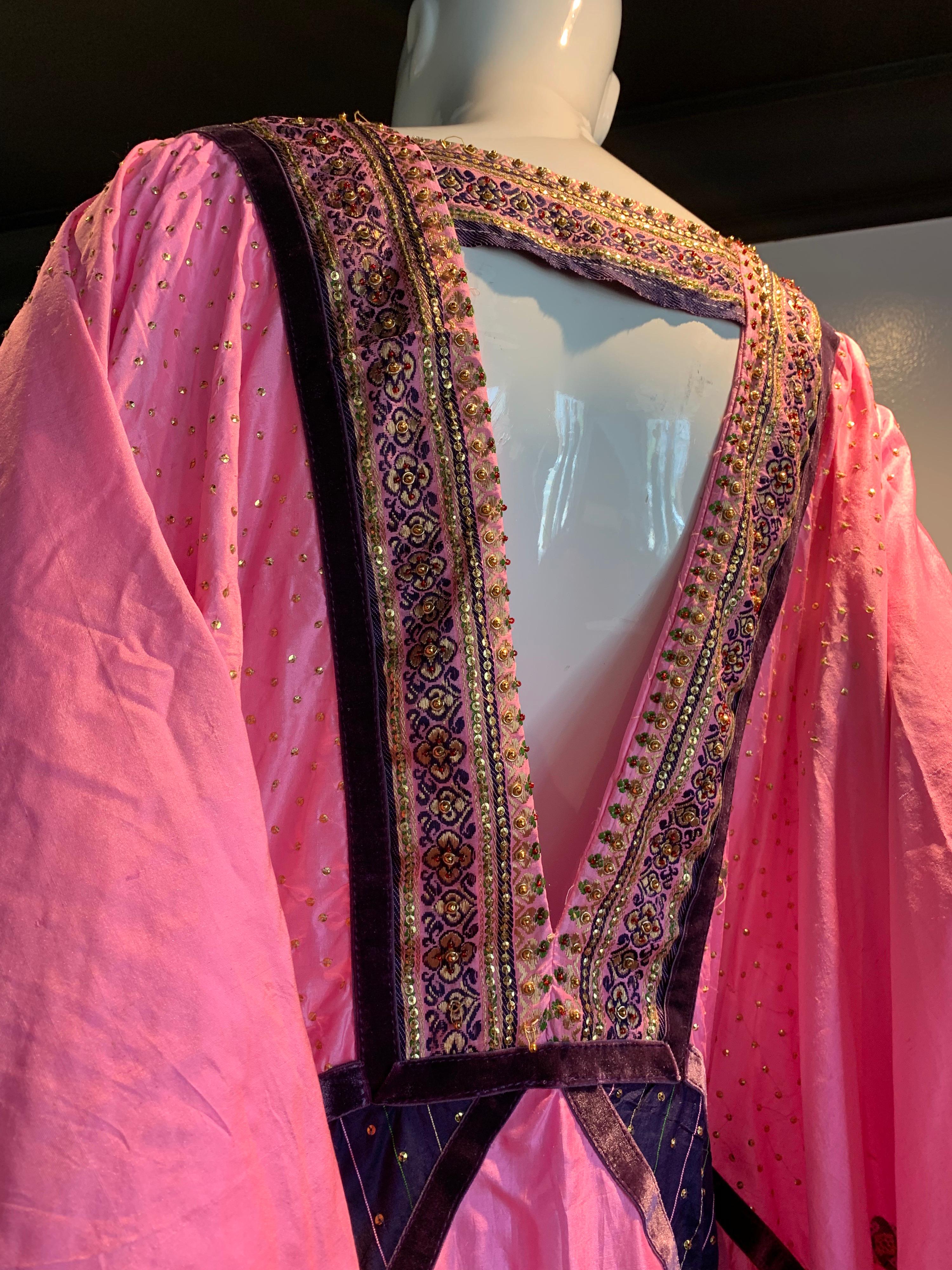 Torso Creations Pink Purple & Green Silk Caftan W/ Open Back Embroidery Trim For Sale 2