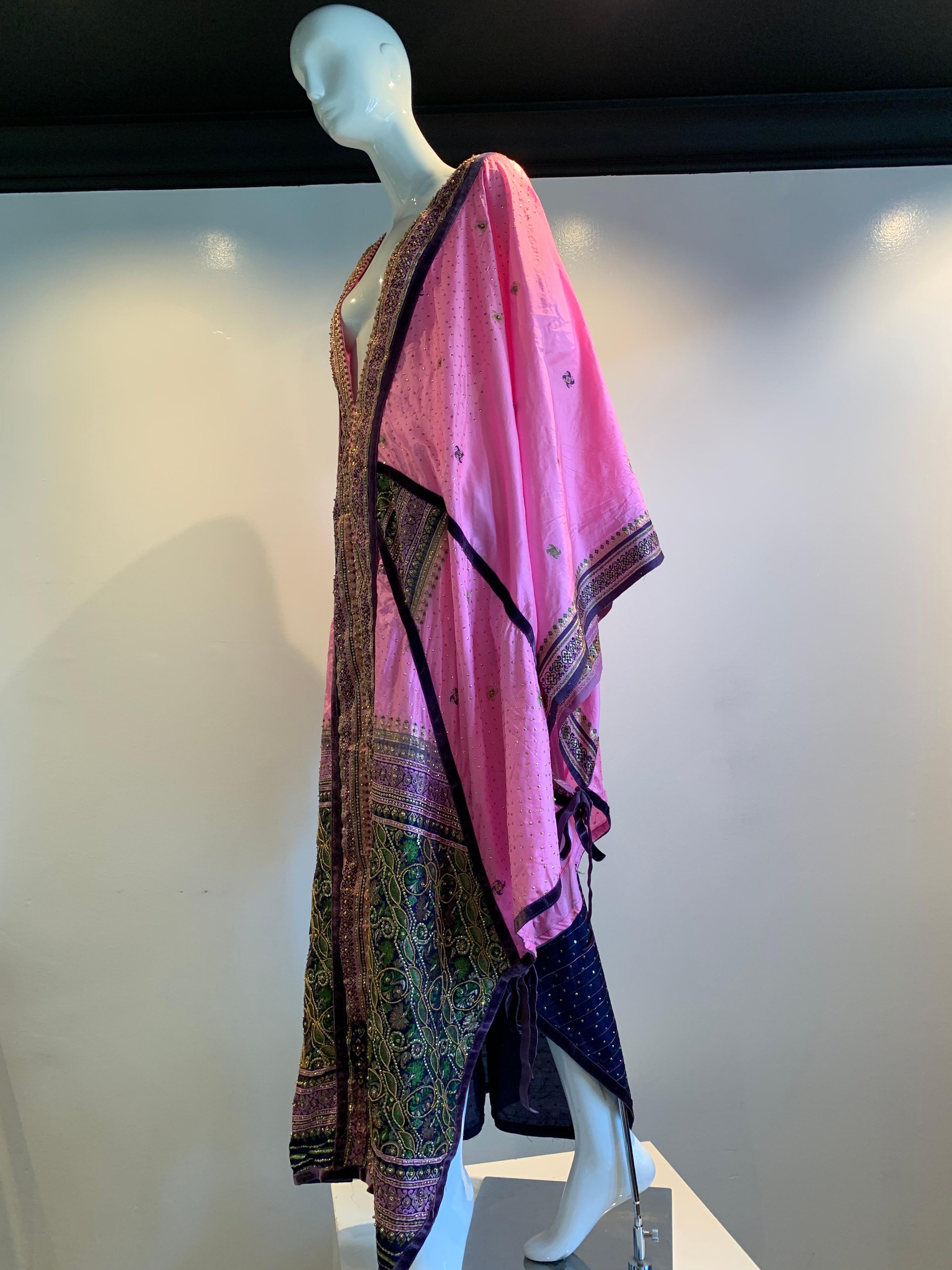 Torso Creations Pink Purple & Green Silk Caftan W/ Open Back Embroidery Trim For Sale 3
