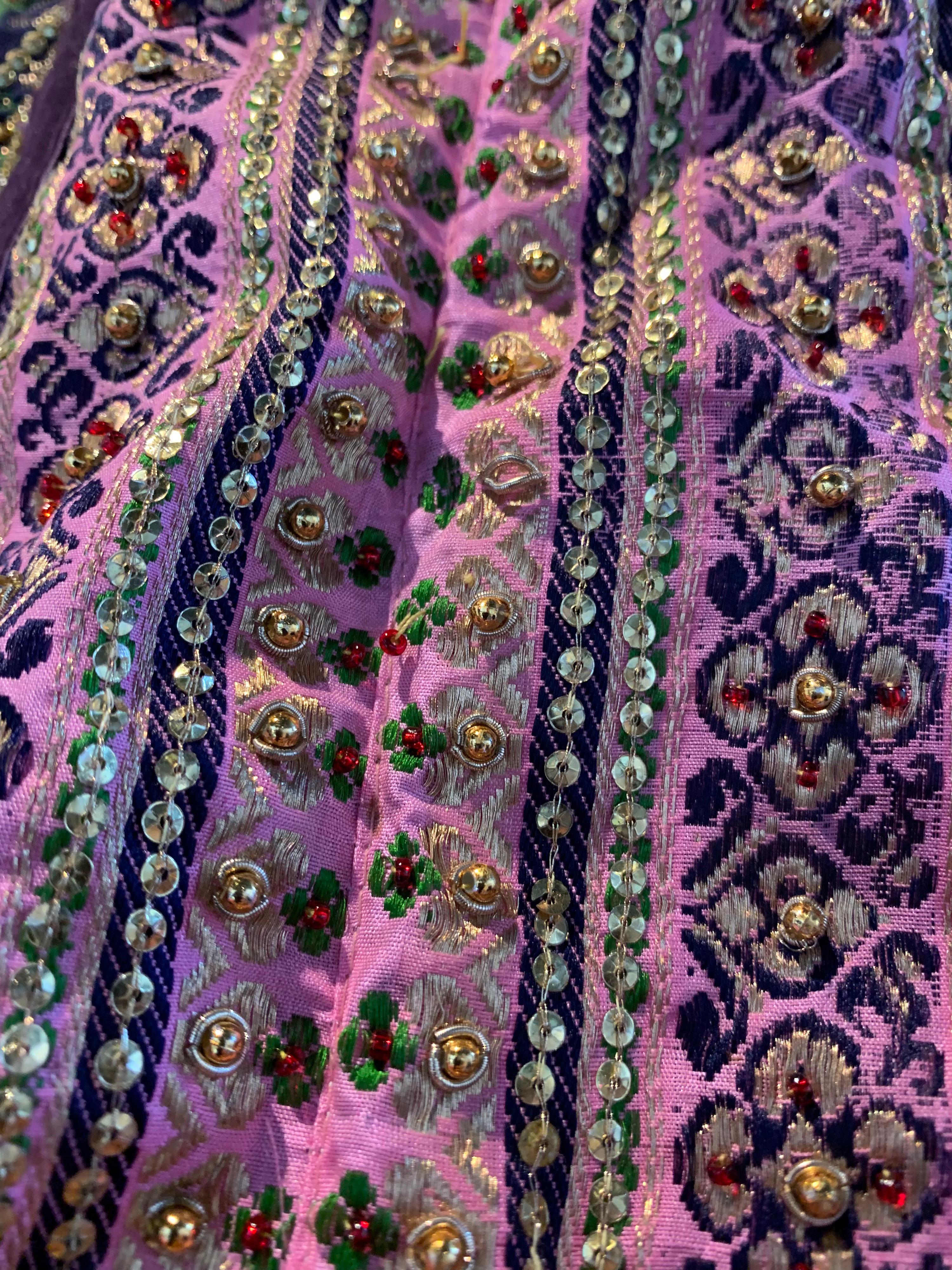 Torso Creations Pink Purple & Green Silk Caftan W/ Open Back Embroidery Trim For Sale 4