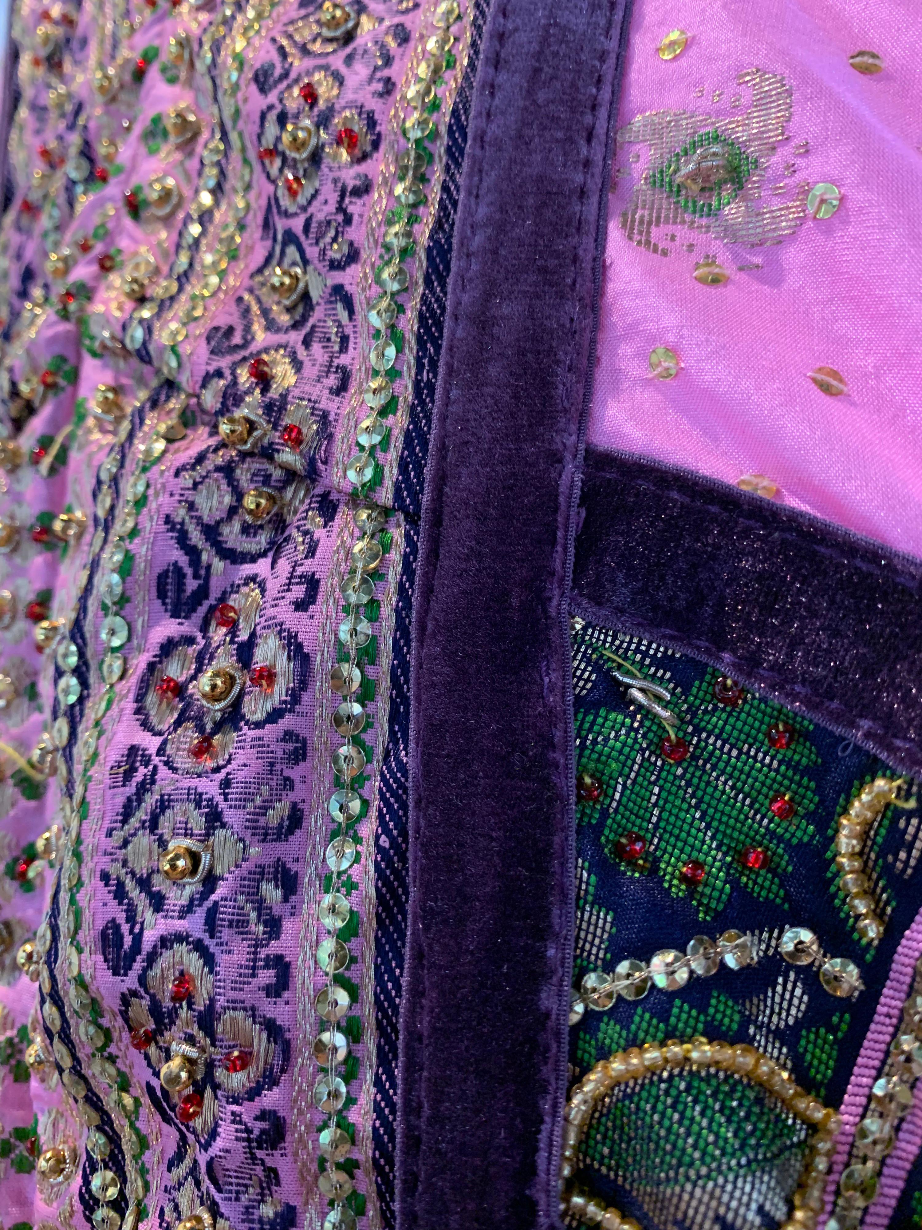 Torso Creations Pink Purple & Green Silk Caftan W/ Open Back Embroidery Trim For Sale 5