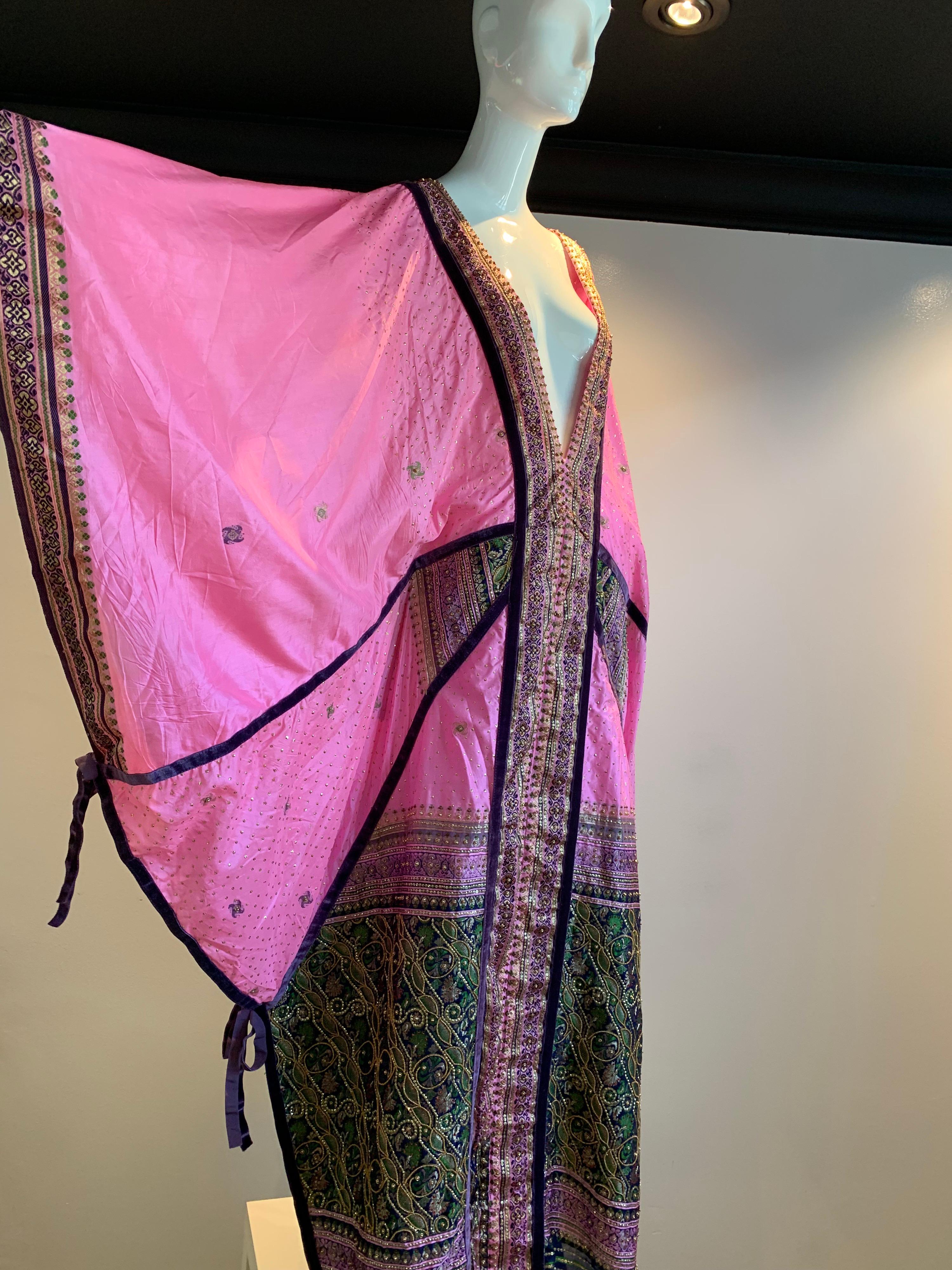 Torso Creations Pink Purple & Green Silk Caftan W/ Open Back Embroidery Trim For Sale 6