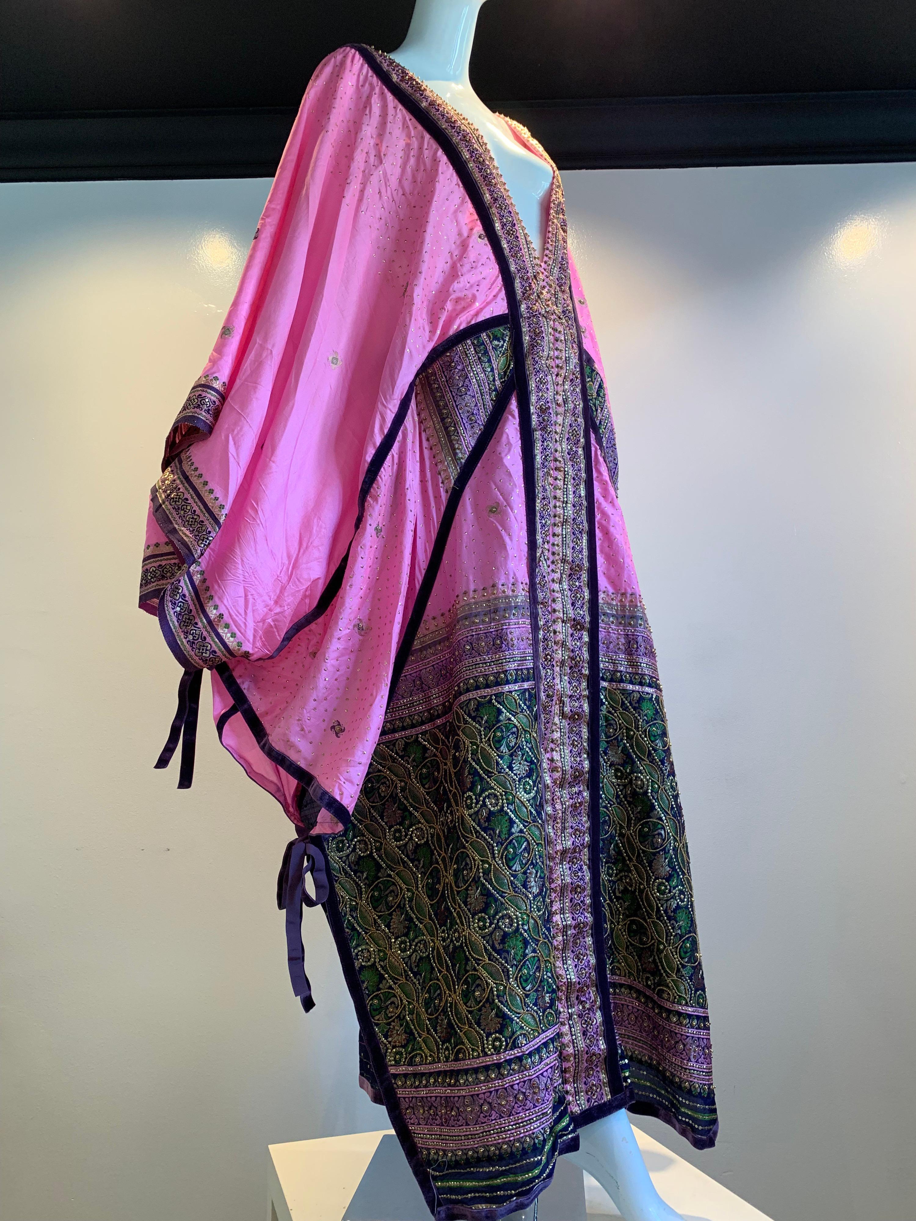 Torso Creations Pink Purple & Green Silk Caftan W/ Open Back Embroidery Trim For Sale 7