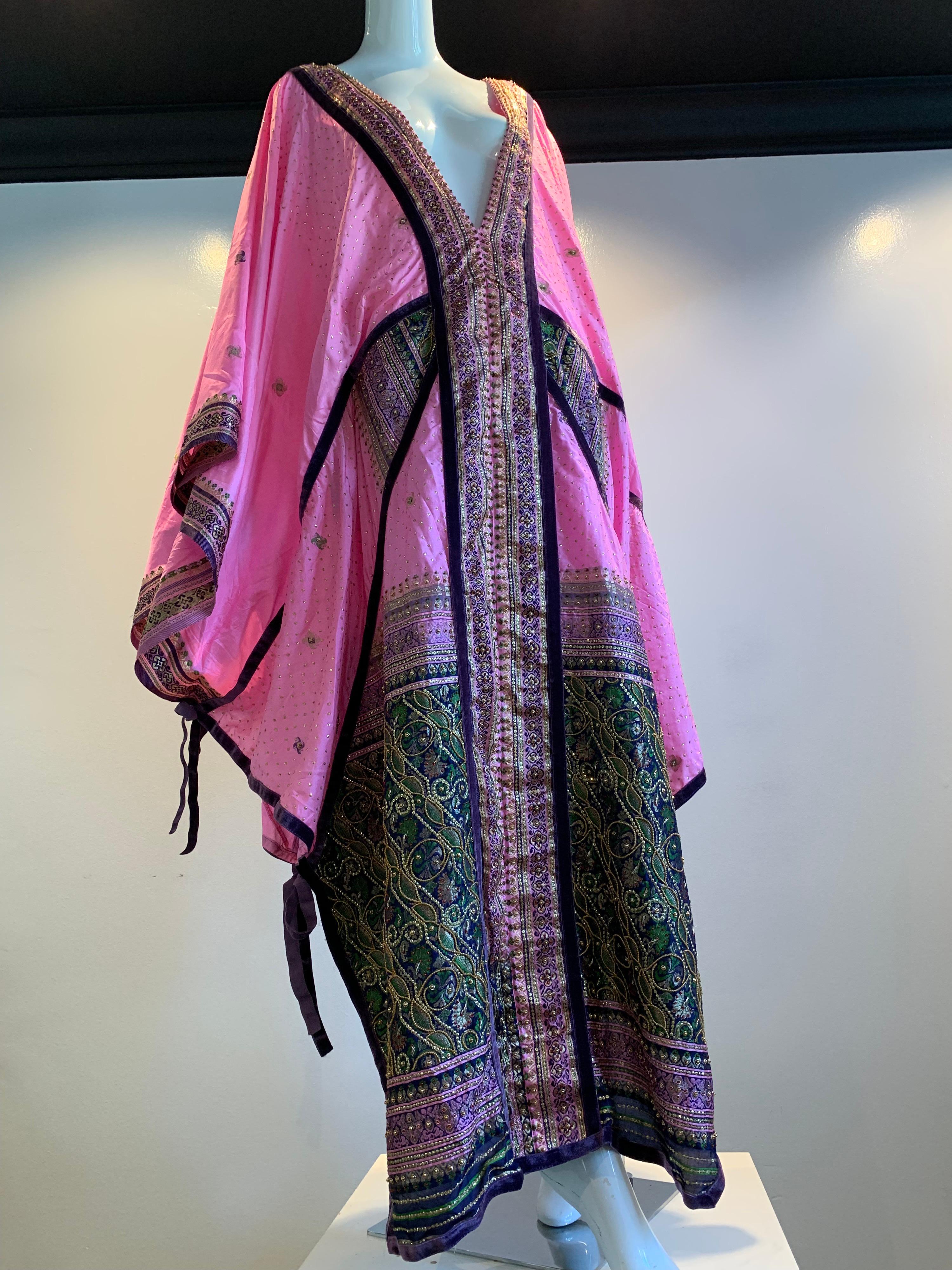 Torso Creations Pink Purple & Green Silk Caftan W/ Open Back Embroidery Trim For Sale 8