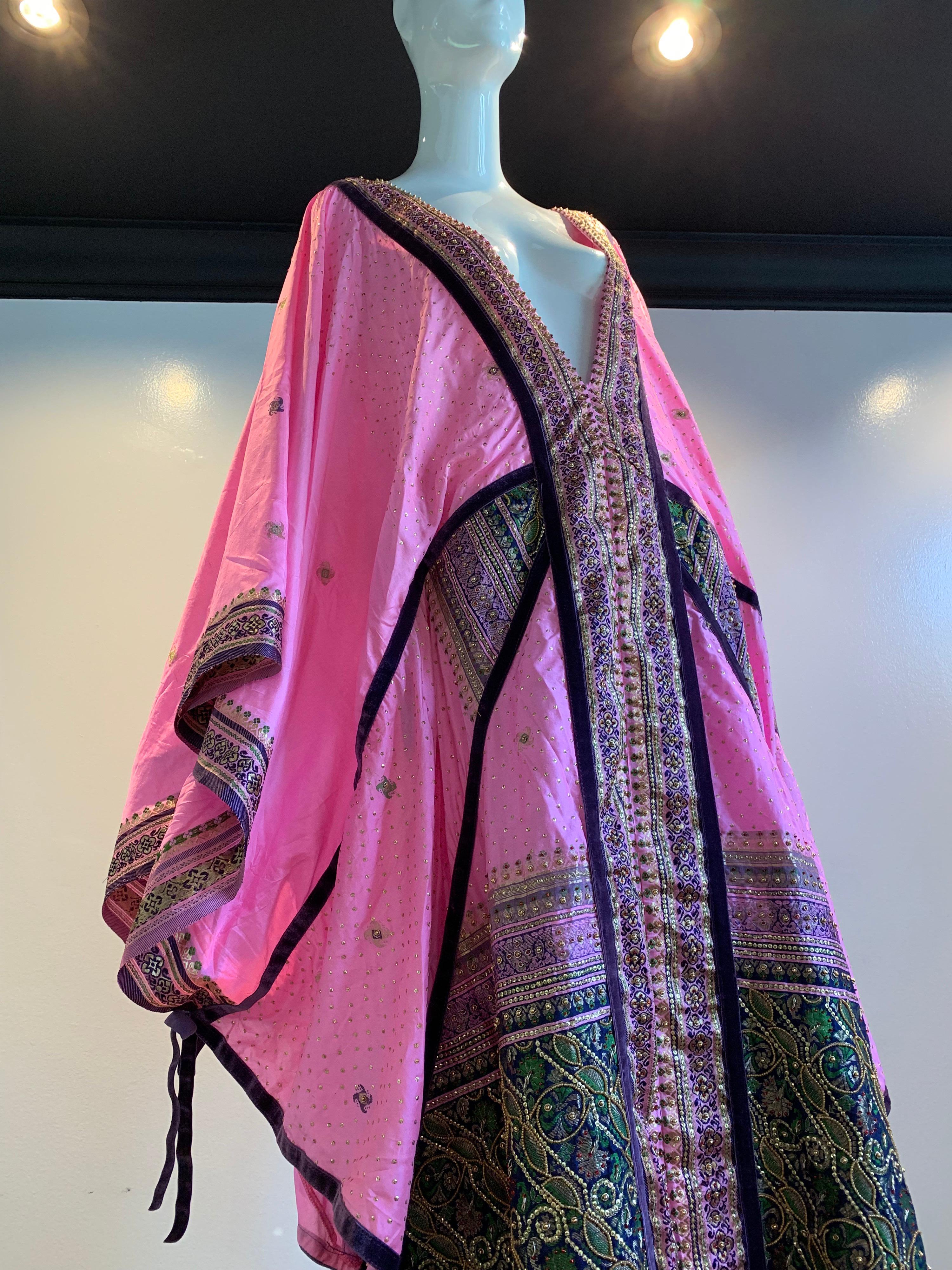Torso Creations Pink Purple & Green Silk Caftan W/ Open Back Embroidery Trim For Sale 9