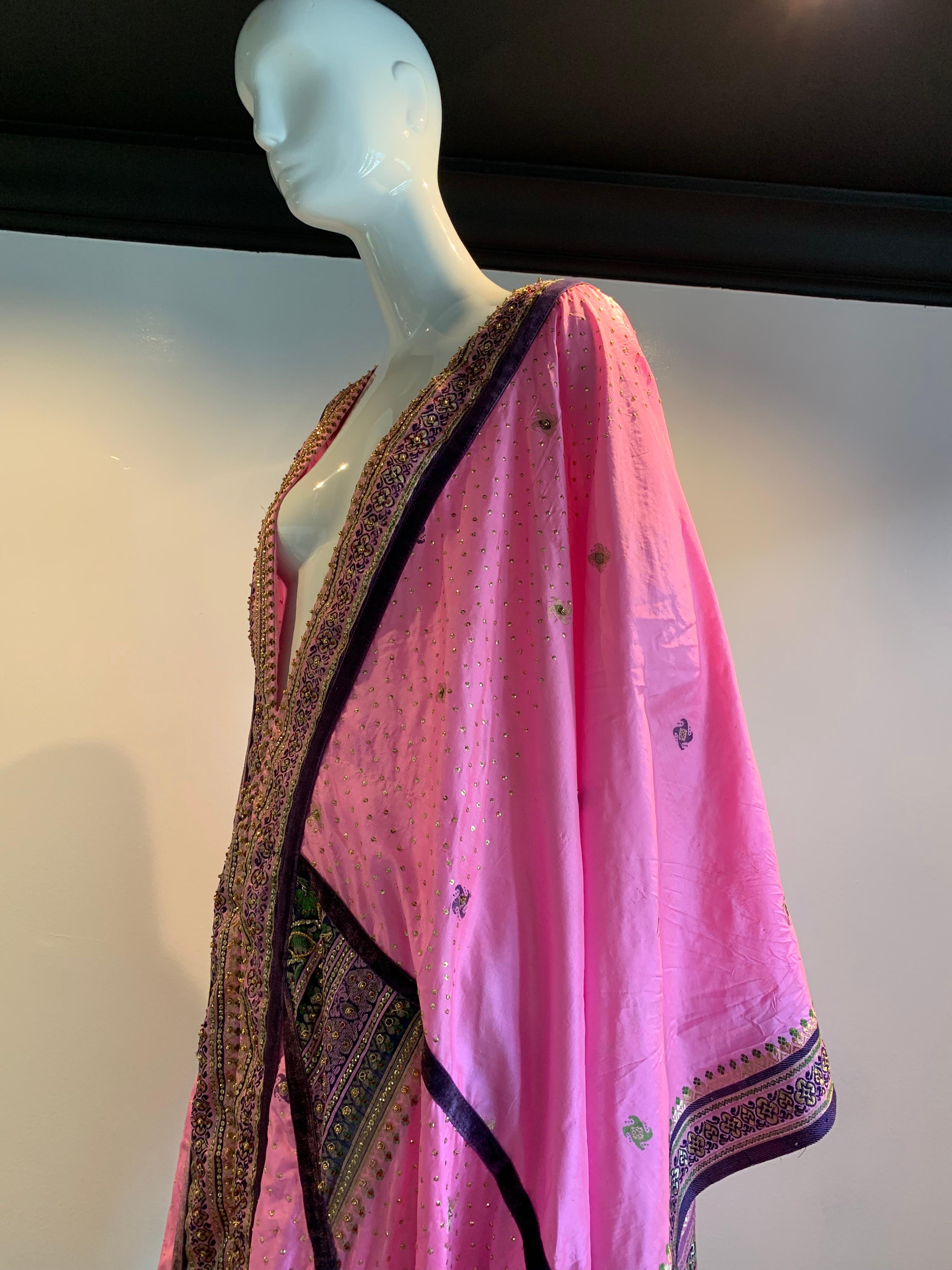 Torso Creations Pink Purple & Green Silk Caftan W/ Open Back Embroidery Trim For Sale 10