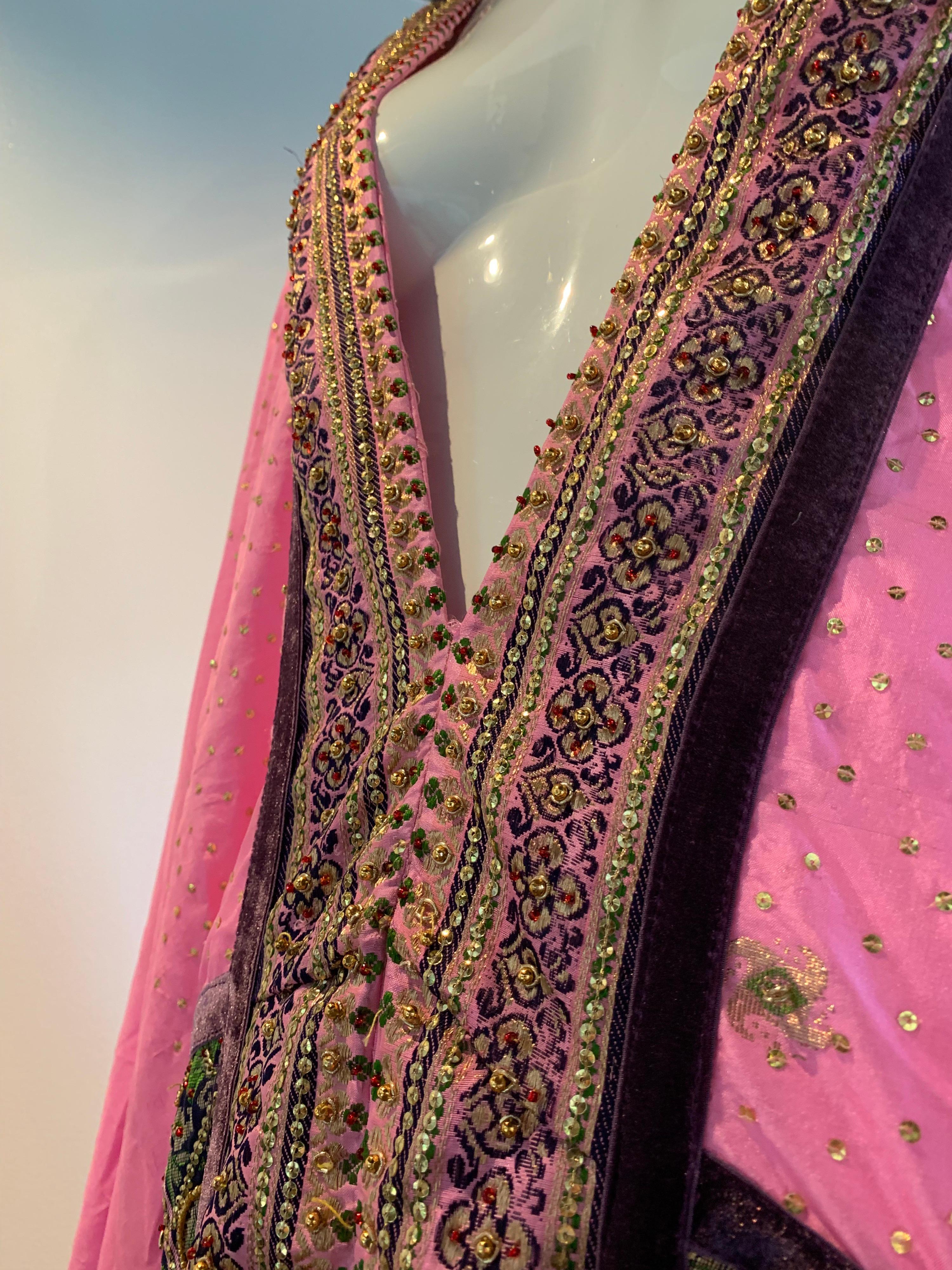 Torso Creations Pink Purple & Green Silk Caftan W/ Open Back Embroidery Trim For Sale 11