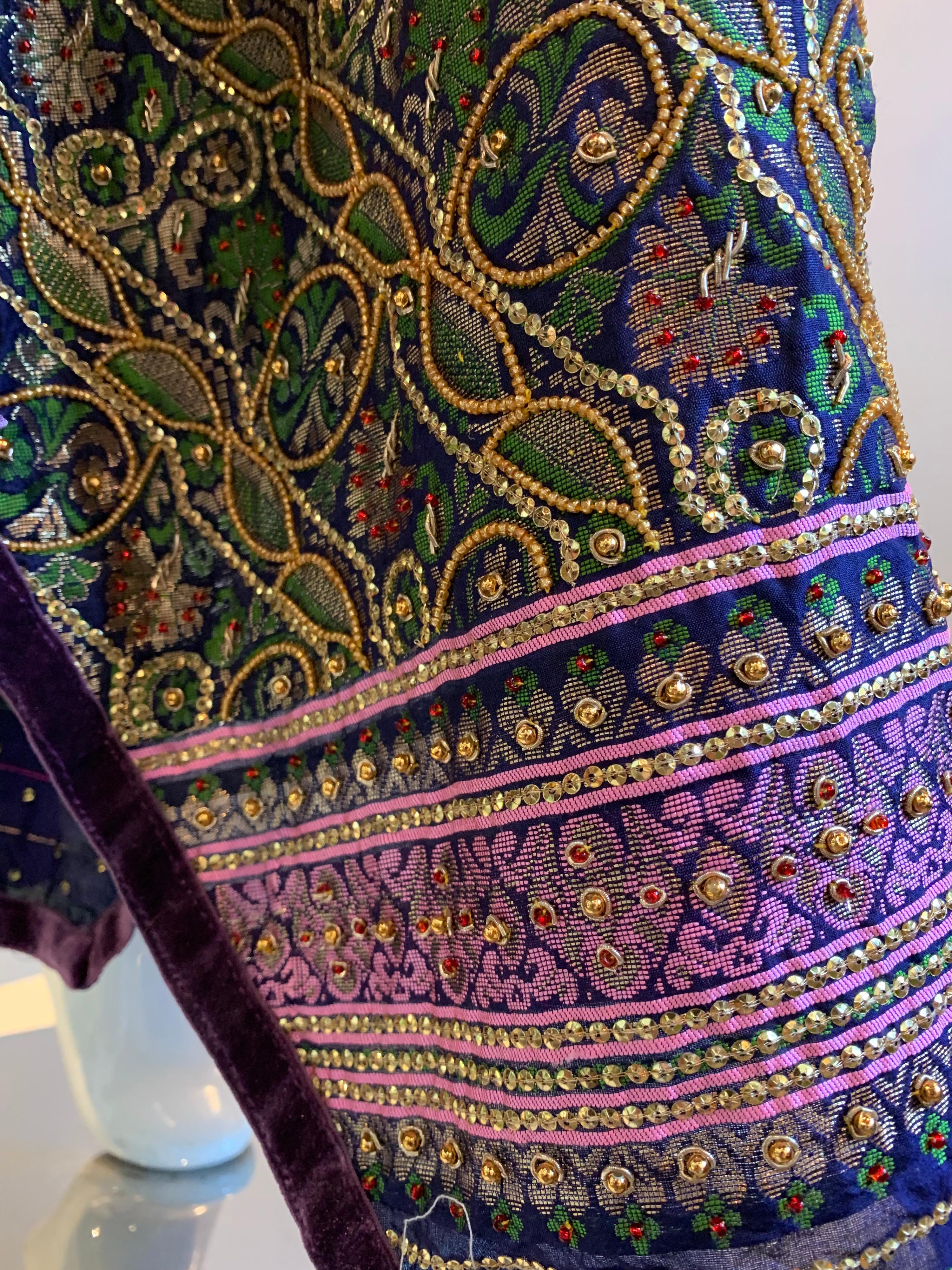 Torso Creations Pink Purple & Green Silk Caftan W/ Open Back Embroidery Trim For Sale 12