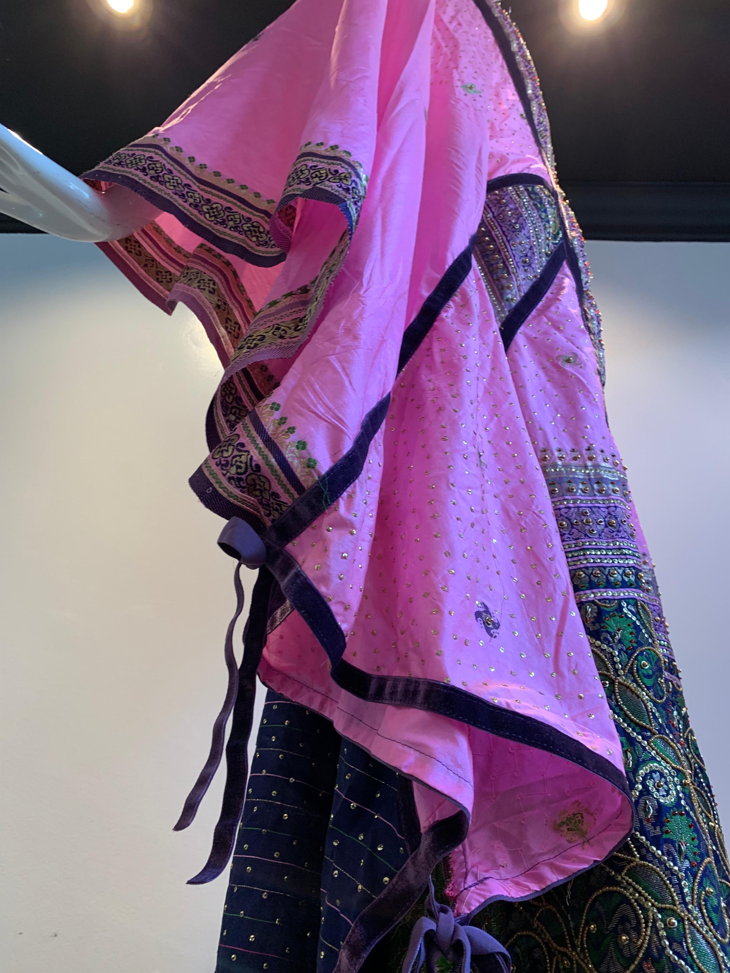 Black Torso Creations Pink Purple & Green Silk Caftan W/ Open Back Embroidery Trim For Sale