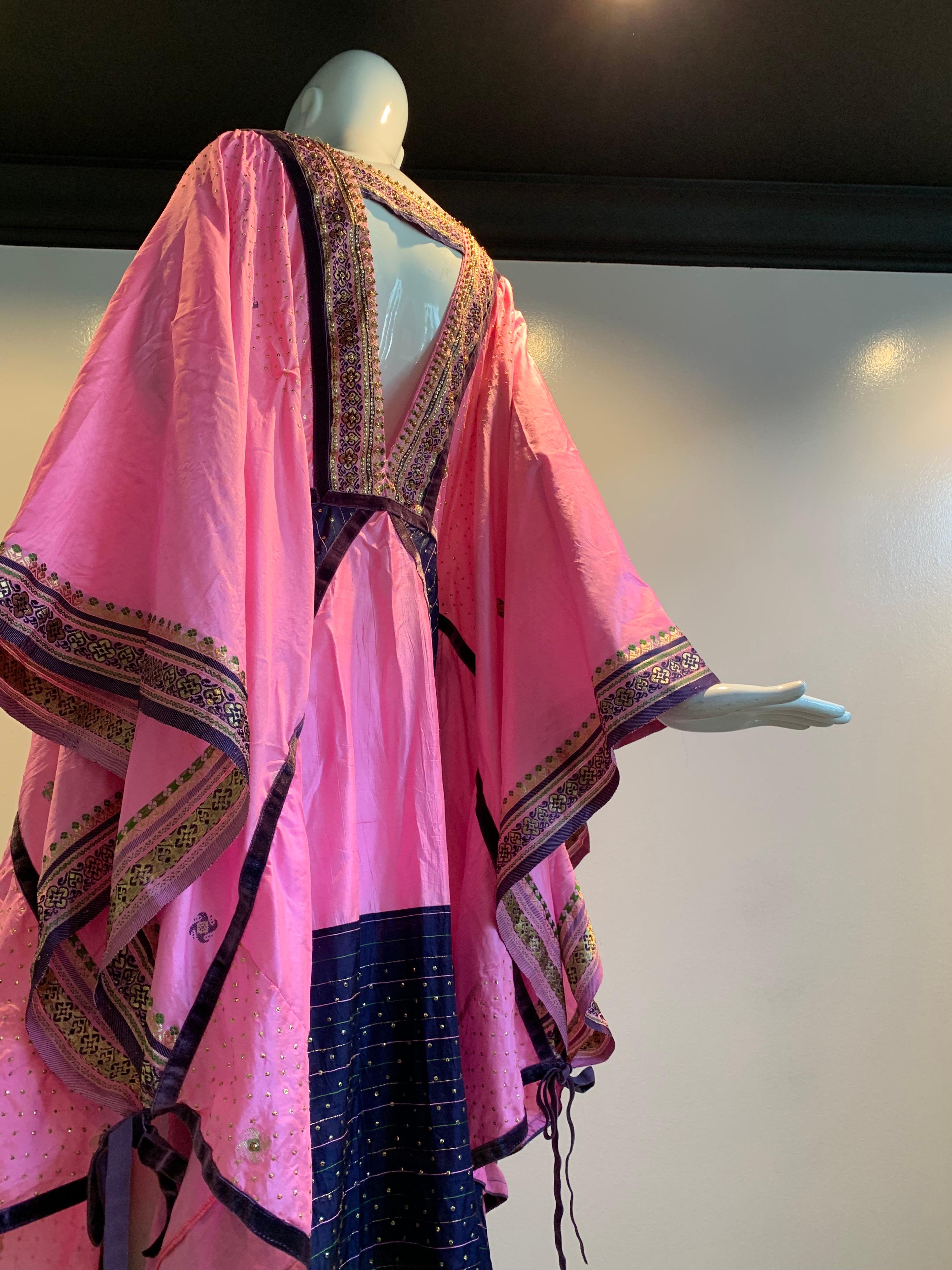 Women's Torso Creations Pink Purple & Green Silk Caftan W/ Open Back Embroidery Trim For Sale