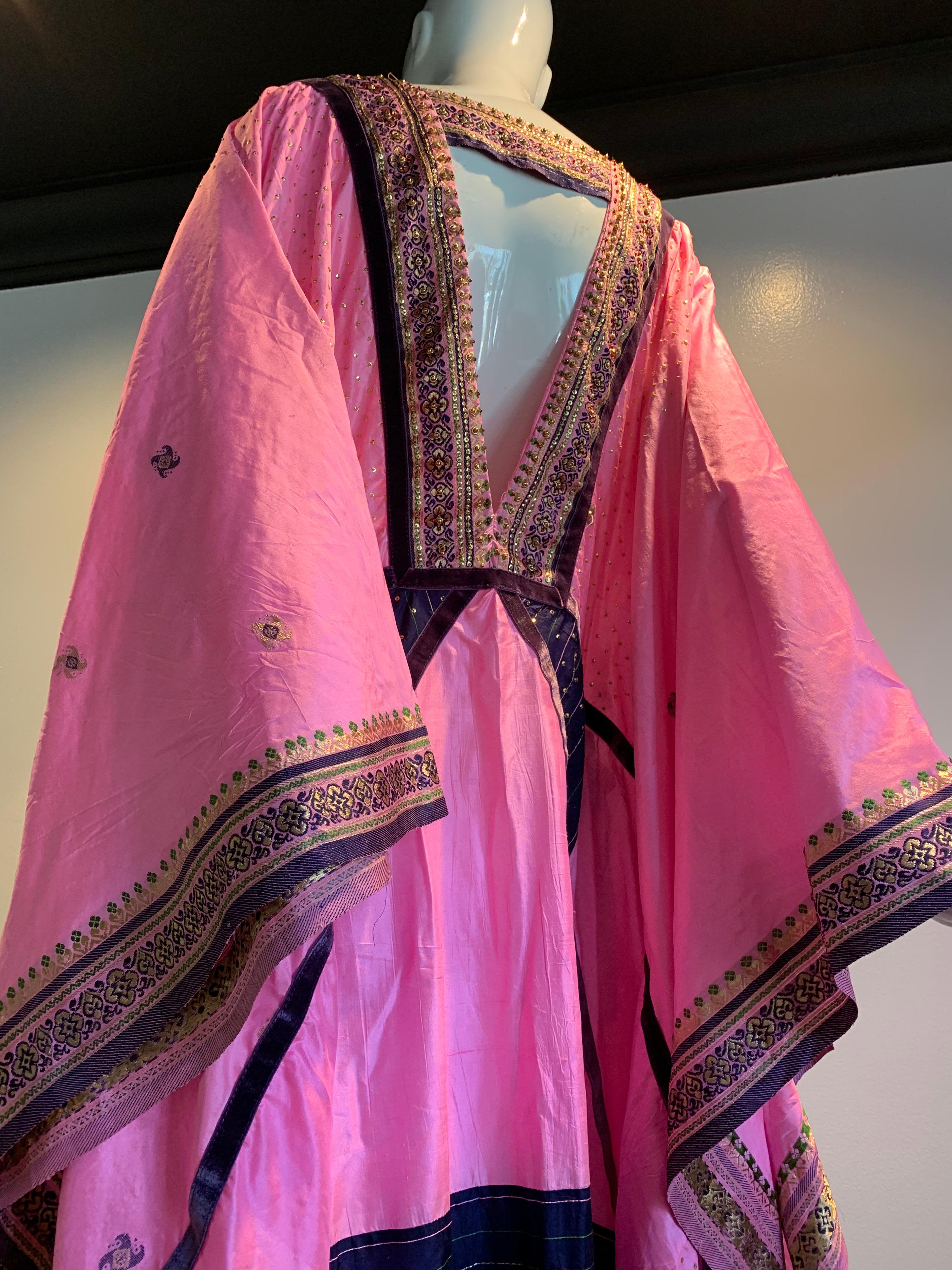 Torso Creations Pink Purple & Green Silk Caftan W/ Open Back Embroidery Trim For Sale 1