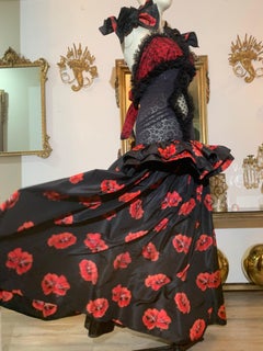 Torso Creations Poppy Print Merry Widow Gown w Ruffled Peplum & Bow Armbands