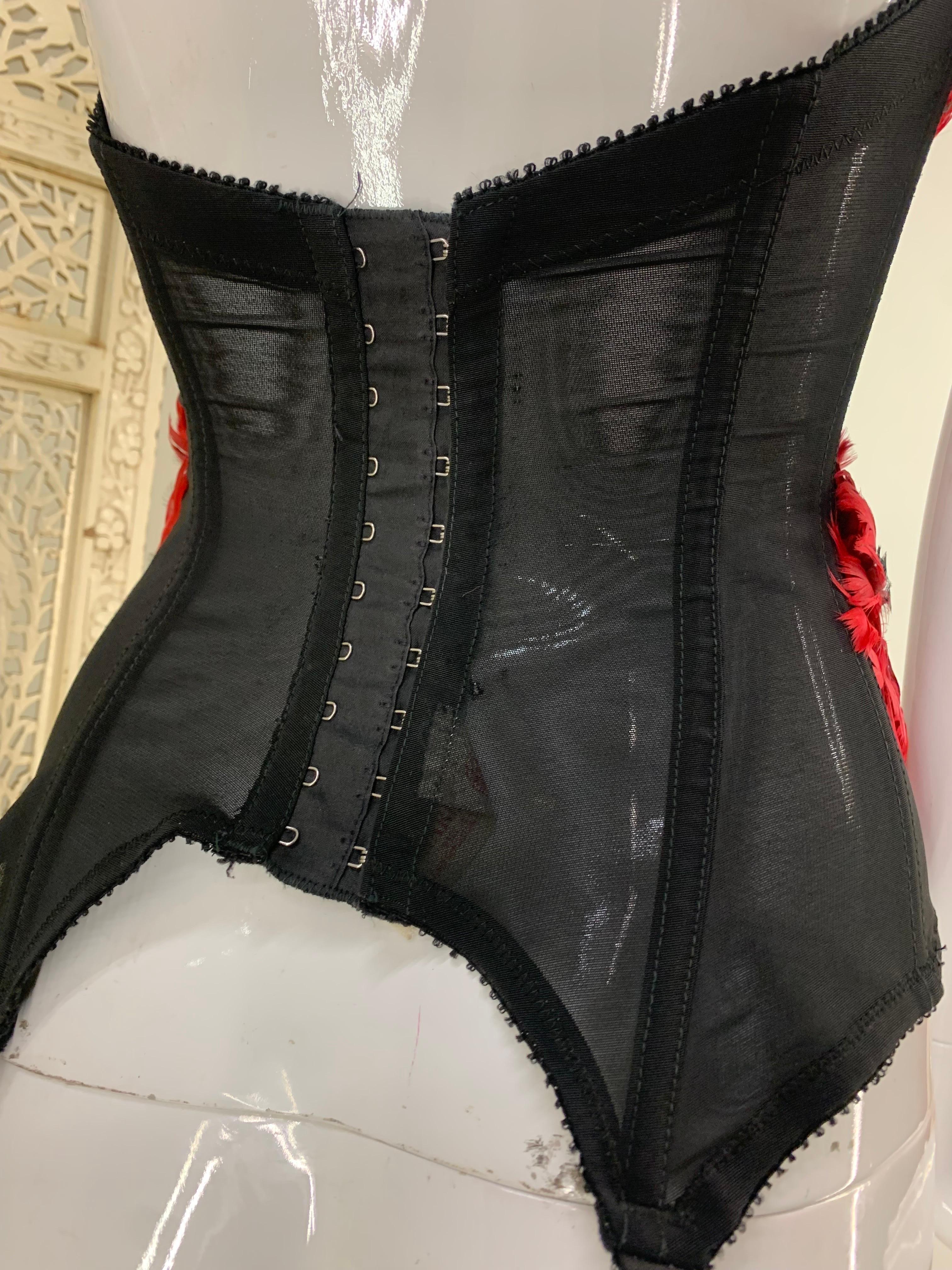Torso Creations Red and Black Feather Embellished Merry Widow Bustier  In Excellent Condition For Sale In Gresham, OR