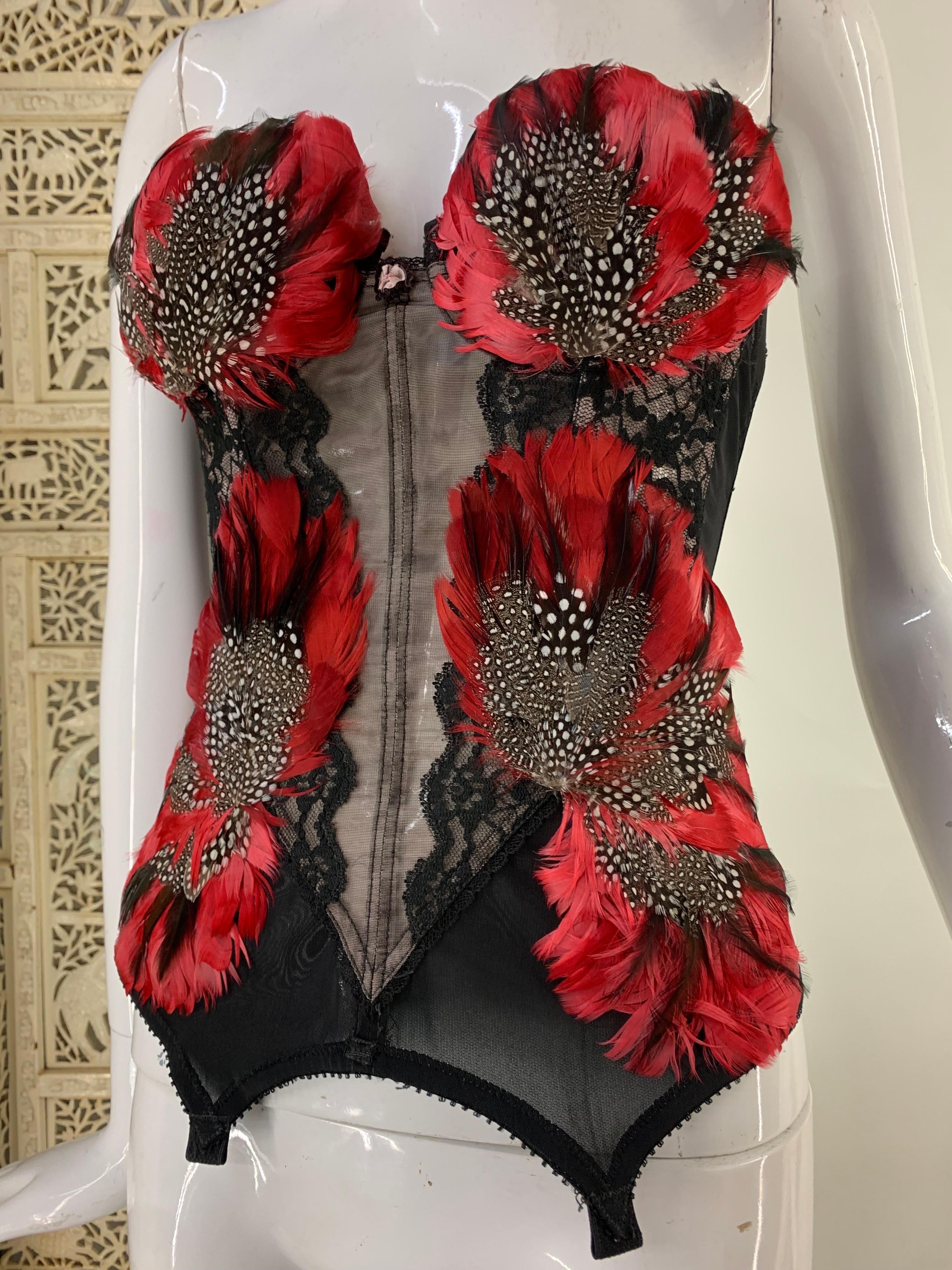 Torso Creations Red and Black Feather Embellished Merry Widow Bustier  For Sale 1