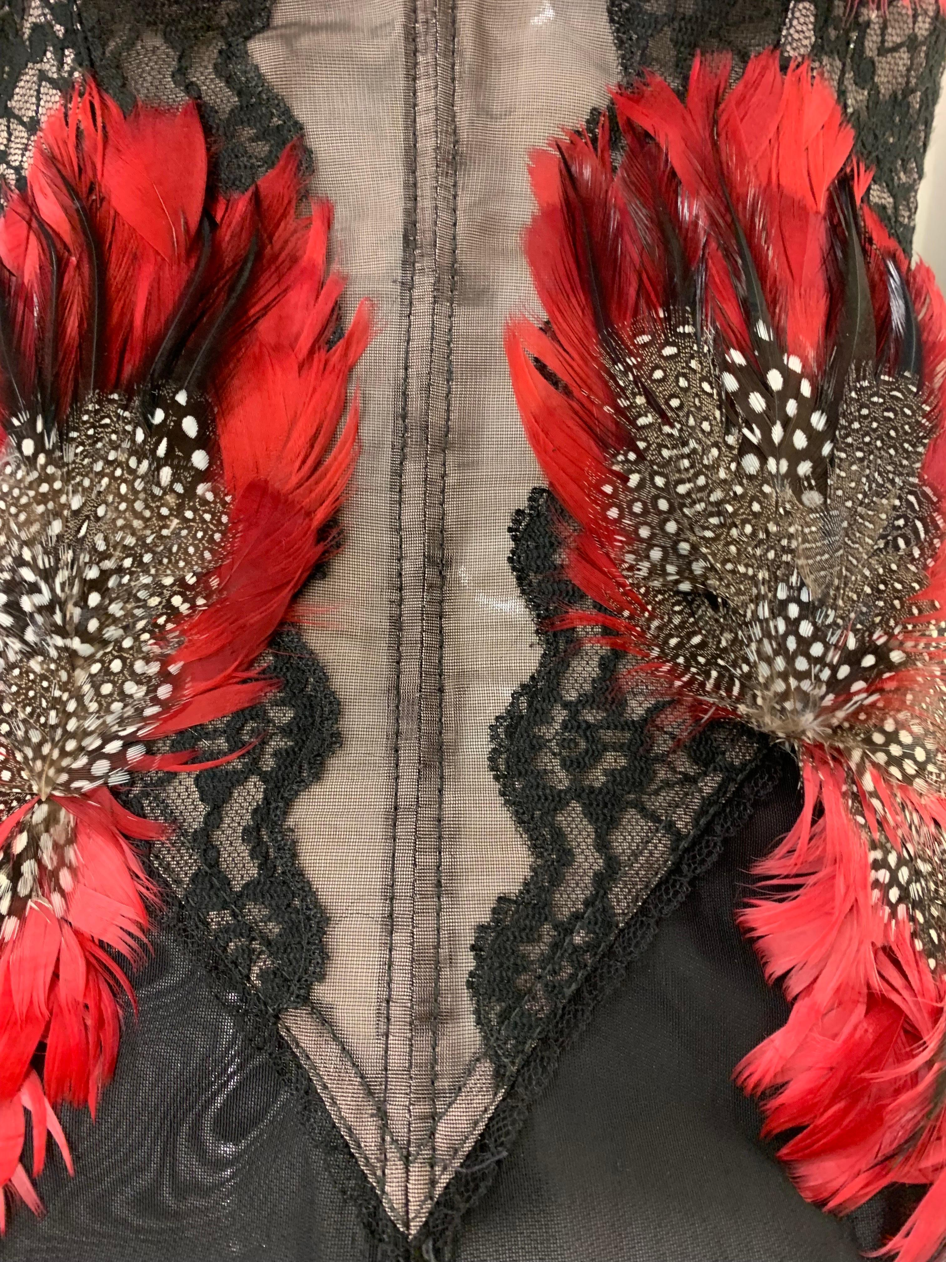 Torso Creations Red and Black Feather Embellished Merry Widow Bustier  For Sale 2