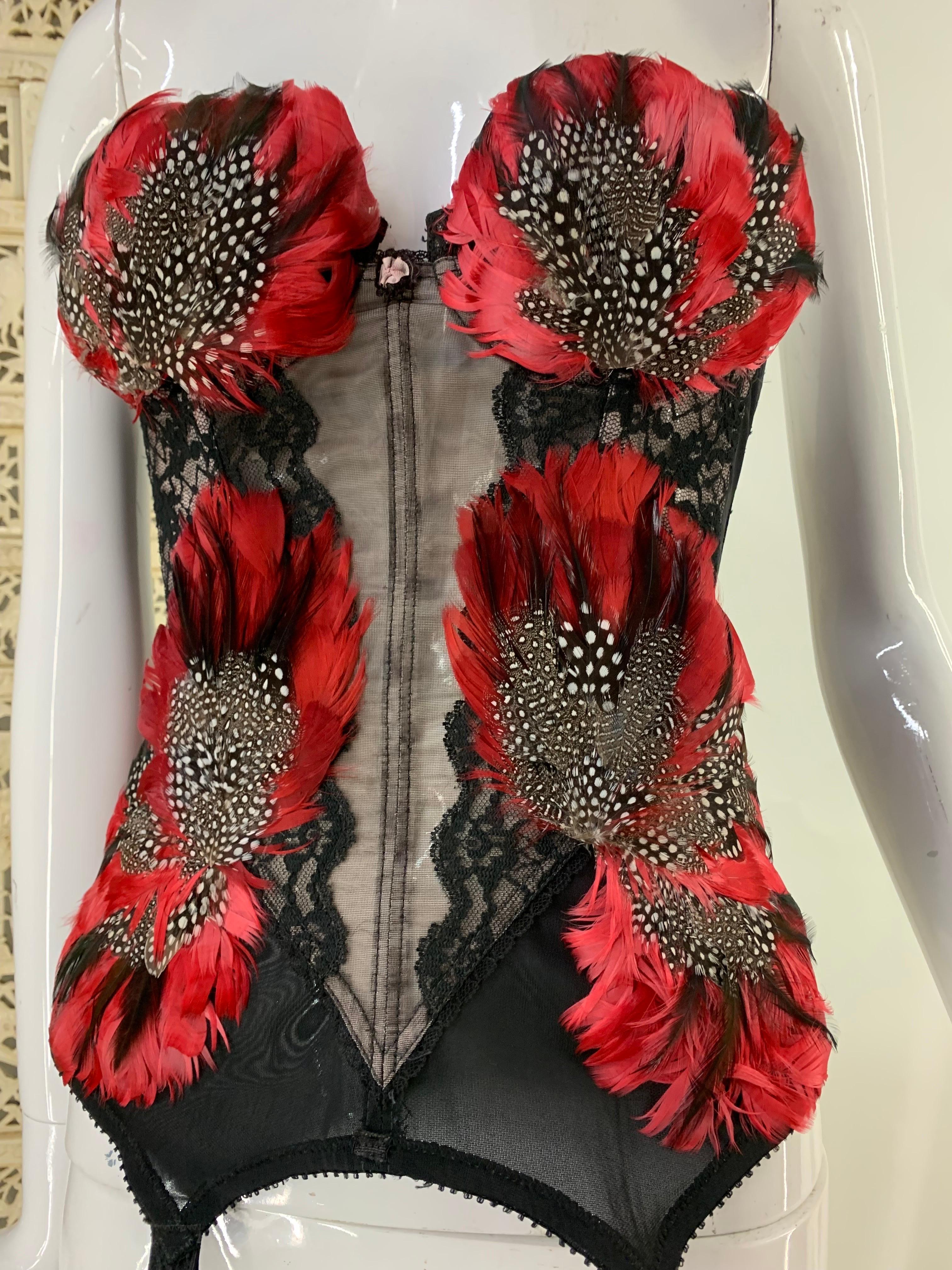 Torso Creations Red and Black Feather Embellished Merry Widow Bustier  For Sale 4