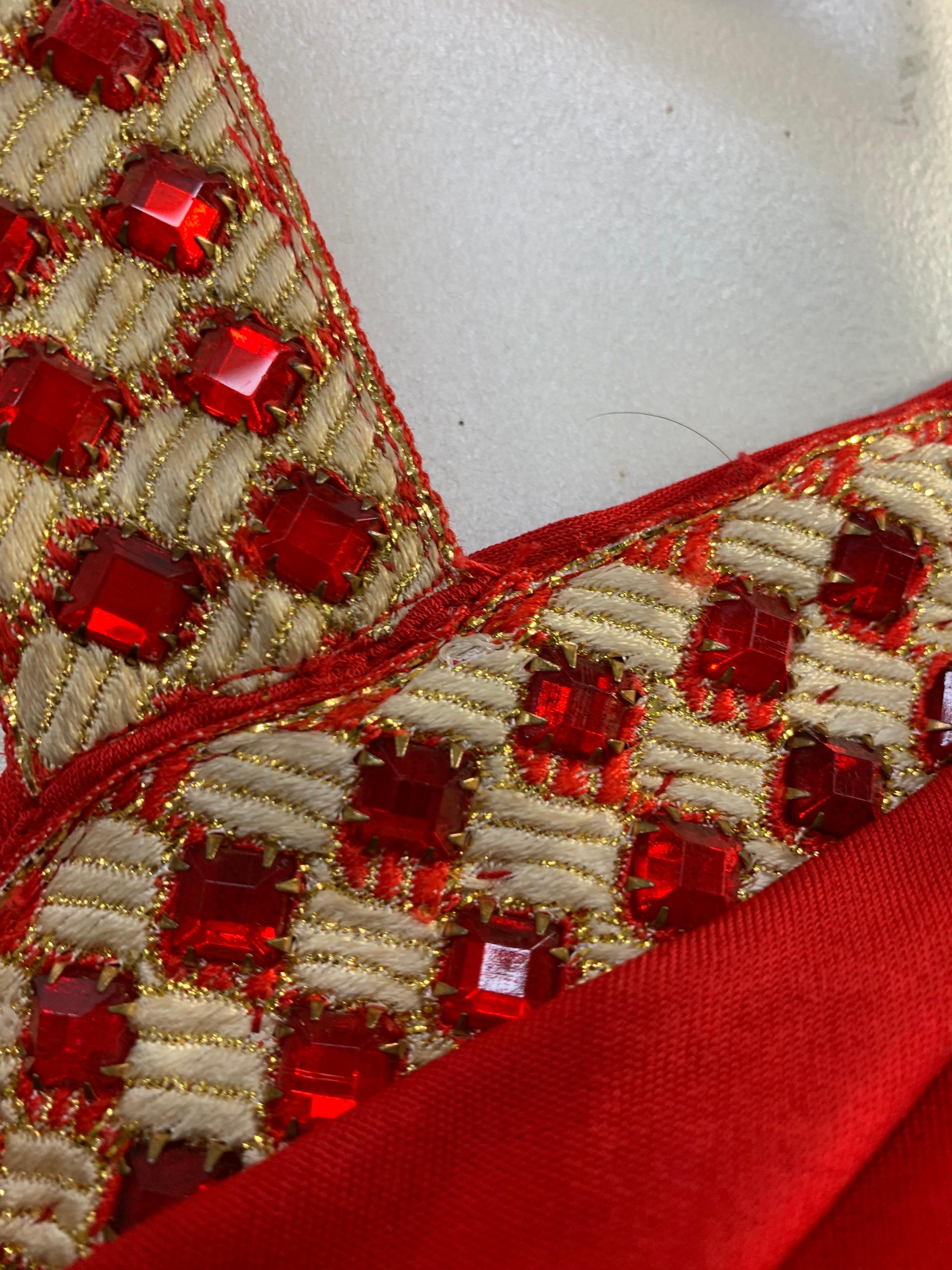 Torso Creations Red Matte Jersey Draped & Ruched Tango Dress w Rhinestone Trim For Sale 9