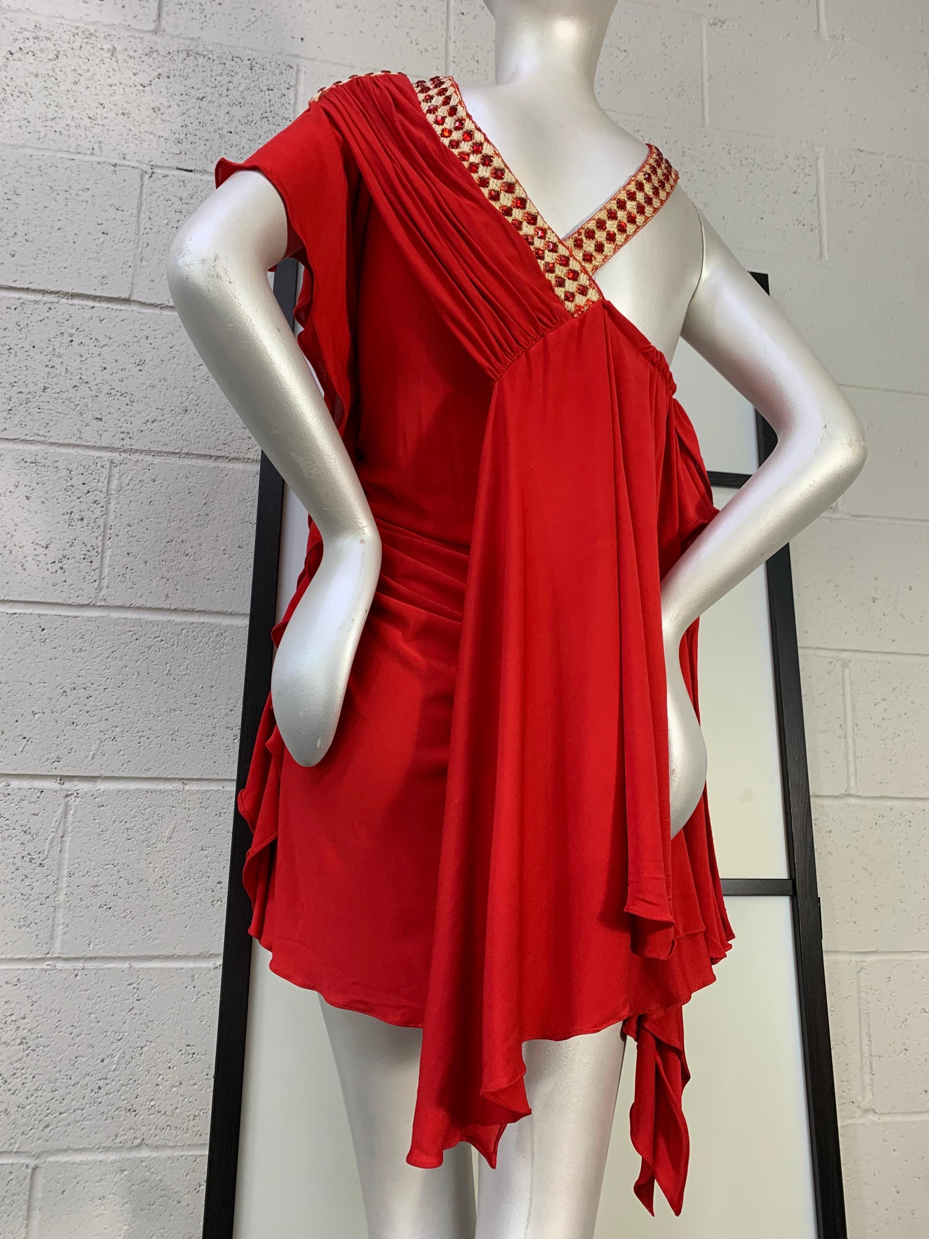 Torso Creations Red Matte Jersey Draped & Ruched Tango Dress w Rhinestone Trim In Excellent Condition For Sale In Gresham, OR